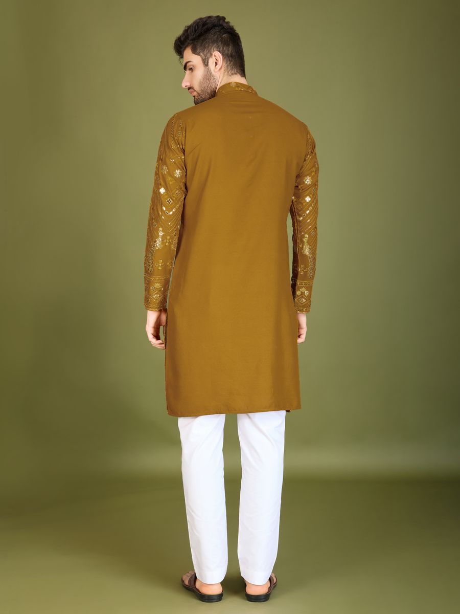 YELLOW PURE VISCOSE RAYON THREAD & SEQUENCE EMBROIDERED WORK KURTA - qivii