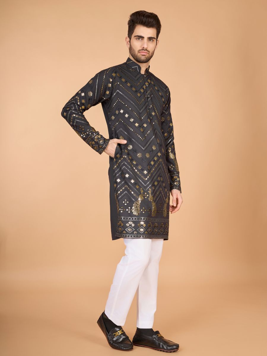 GREY PURE VISCOSE RAYON THREAD & SEQUENCE EMBROIDERED WORK KURTA - qivii