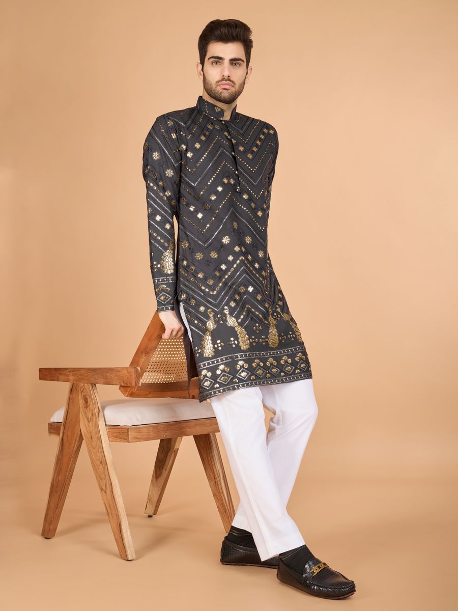 GREY PURE VISCOSE RAYON THREAD & SEQUENCE EMBROIDERED WORK KURTA - qivii