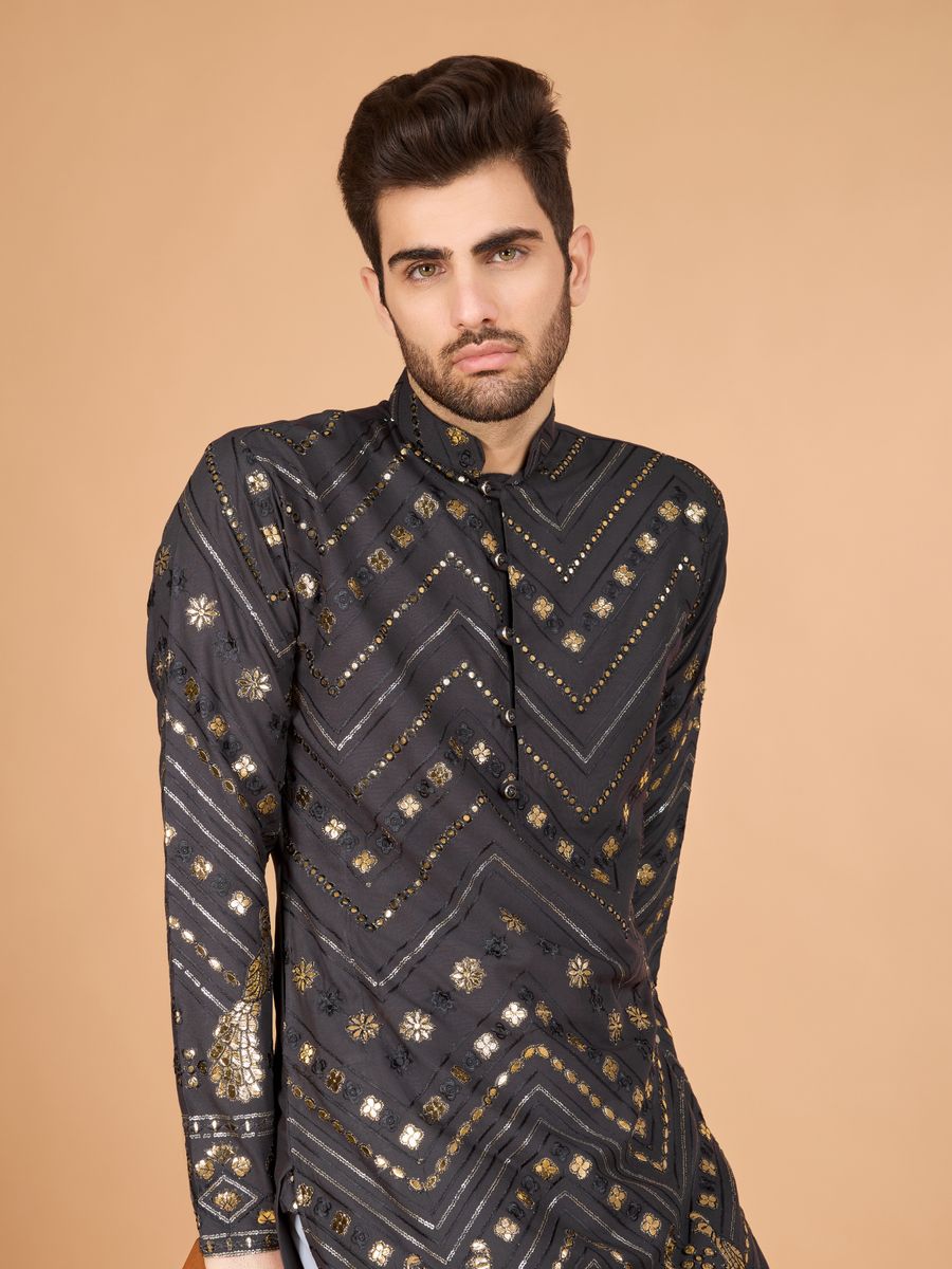 GREY PURE VISCOSE RAYON THREAD & SEQUENCE EMBROIDERED WORK KURTA - qivii