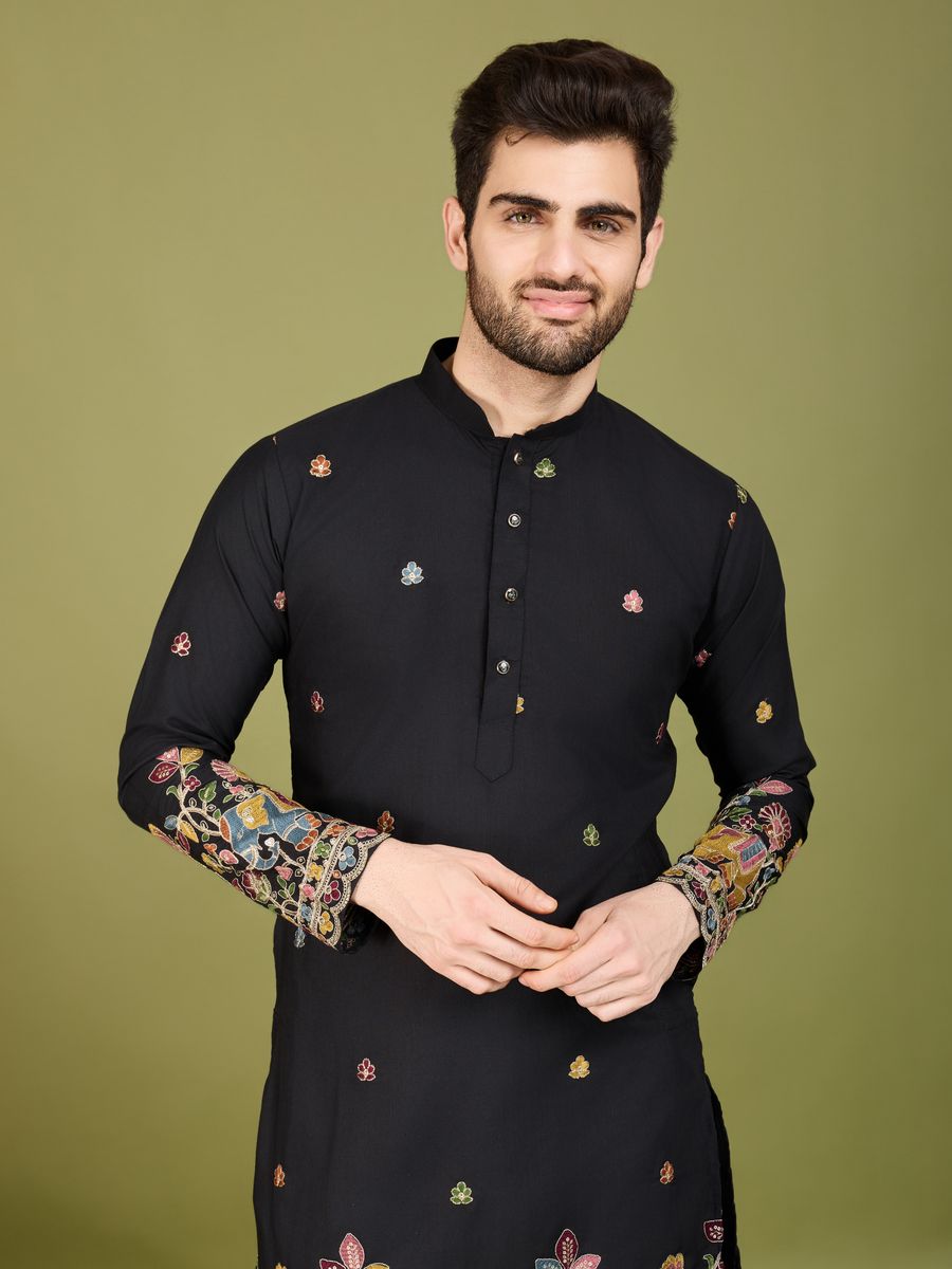 BLACK COTTON THREAD, SEQUENCE EMBROIDERED WORK KURTA - qivii