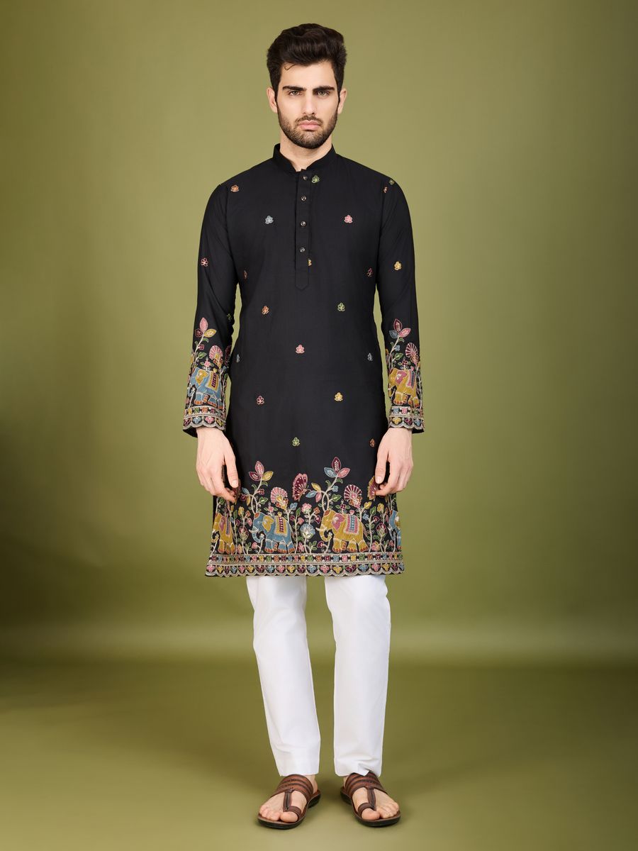 BLACK COTTON THREAD, SEQUENCE EMBROIDERED WORK KURTA - qivii
