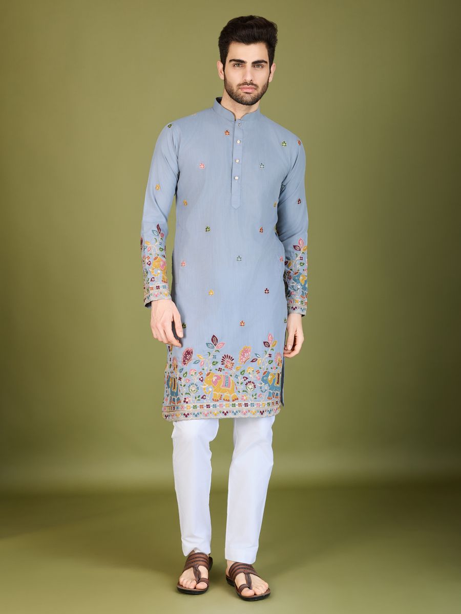 SKY BLUE COTTON THREAD, SEQUENCE EMBROIDERED WORK KURTA - qivii