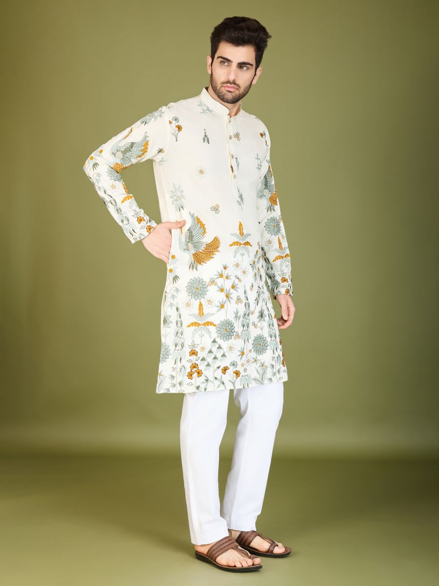 WHITE VISCOSE RAYON THREAD & SEQUENCE EMBROIDERED WORK KURTA - qivii