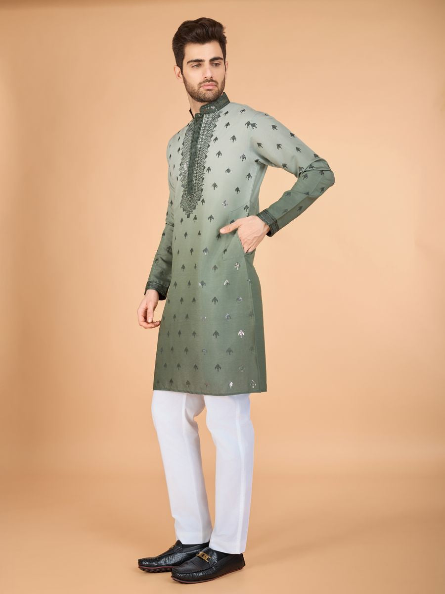 GREEN VISCOSE SILK THREAD & SEQUENCE EMBROIDERED WORK KURTA SET - qivii