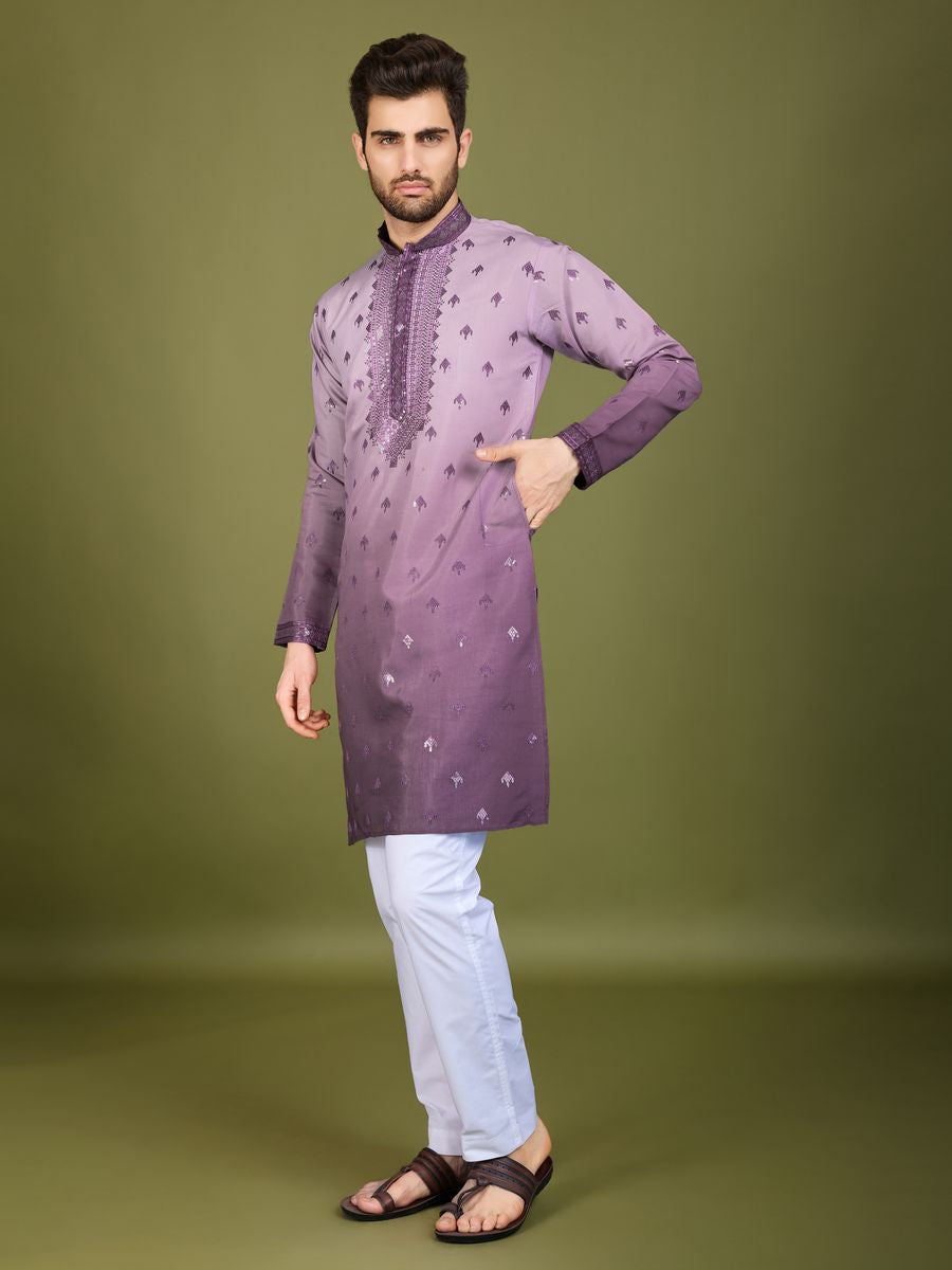 PURPLE VISCOSE SILK THREAD & SEQUENCE EMBROIDERED WORK KURTA SET - qivii