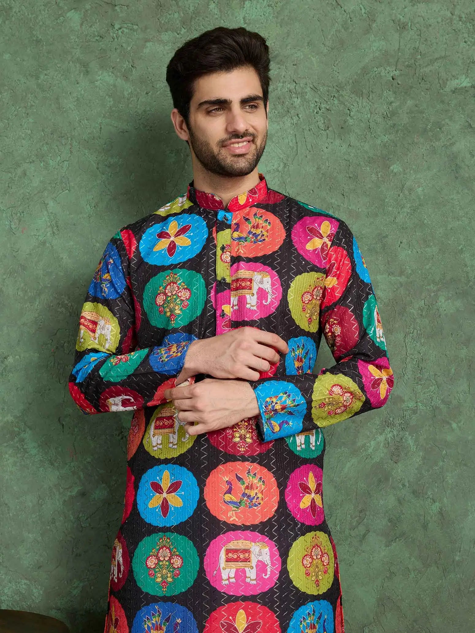 Black Multi Color Digital Print With Embroidery Work Rayon Kurta Set - qivii