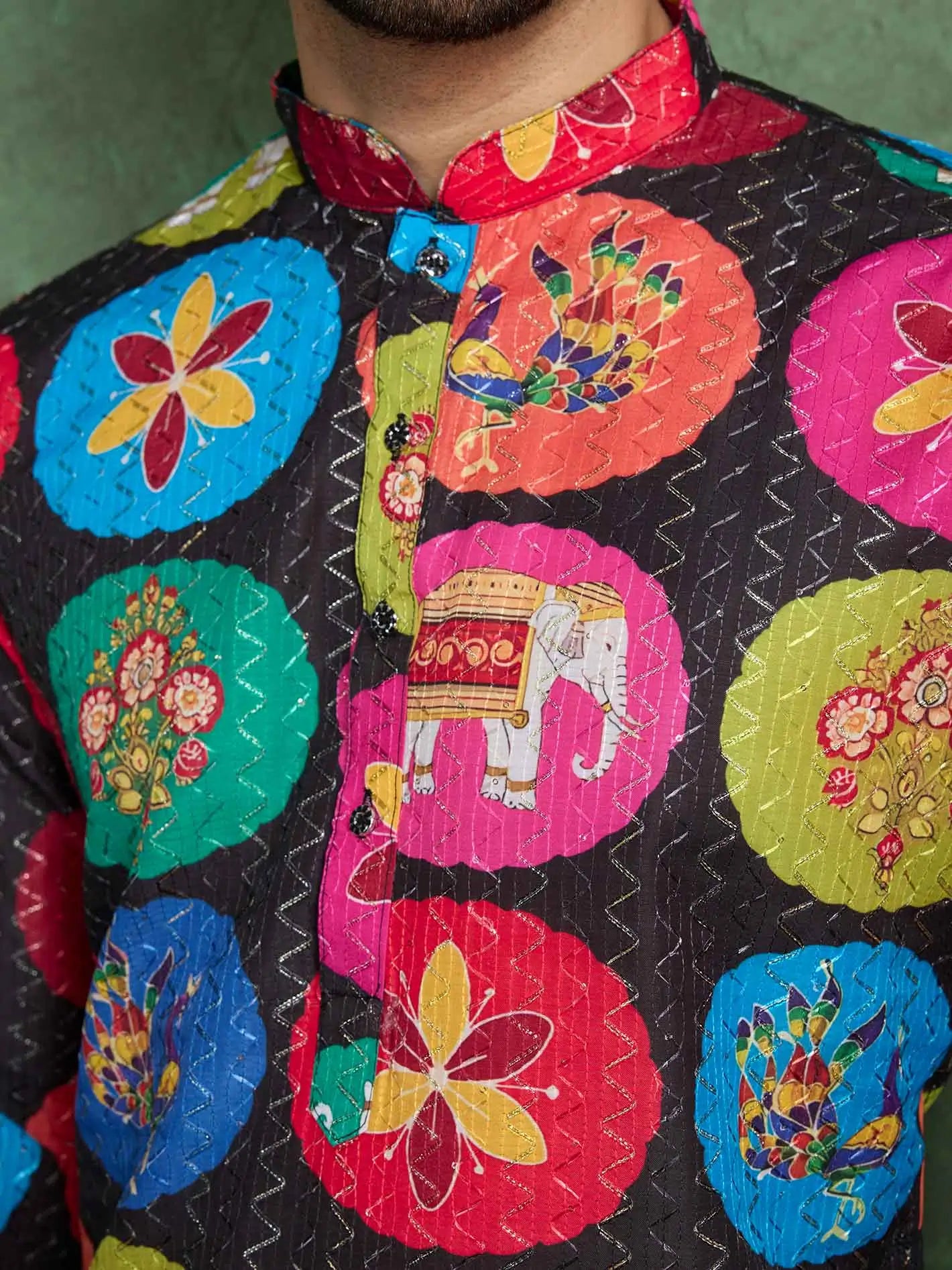 Black Multi Color Digital Print With Embroidery Work Rayon Kurta Set - qivii