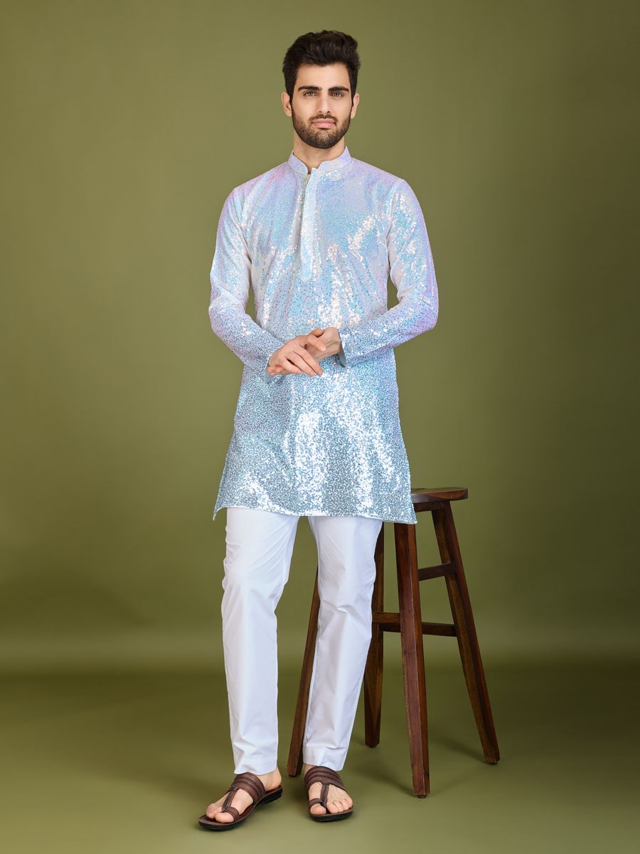 OMBRE BLUE REAL GEORGETTE THREAD & SEQUENCE EMBROIDERED WORK KURTA - qivii