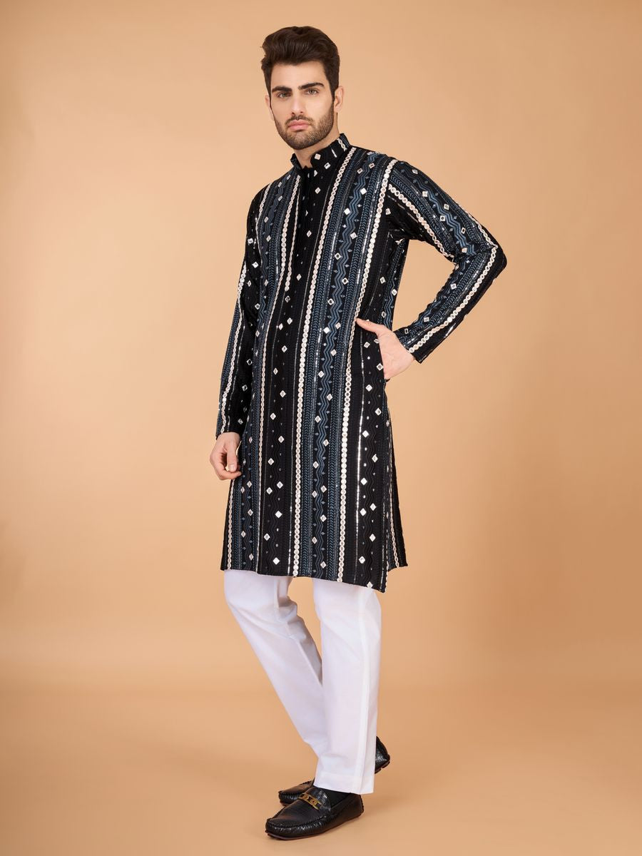 BLACK PURE VISCOSE RAYON THREAD, SEQUENCE & FOIL MIRROR EMBROIDERED WORK KURTA - qivii