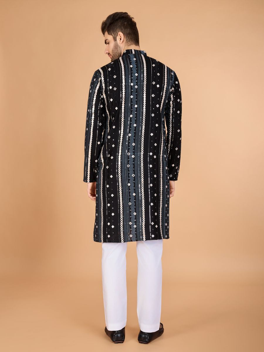 BLACK PURE VISCOSE RAYON THREAD, SEQUENCE & FOIL MIRROR EMBROIDERED WORK KURTA - qivii