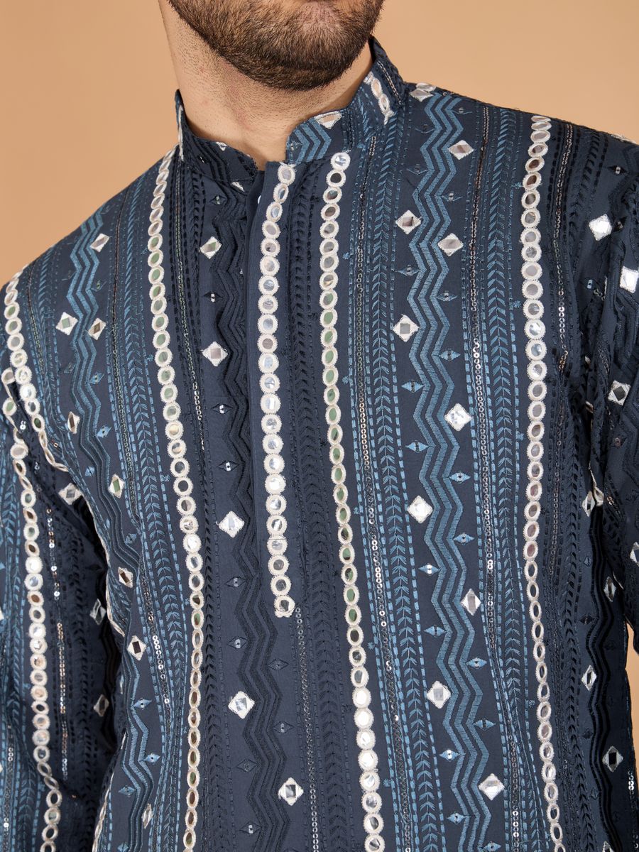 GREY PURE VISCOSE RAYON THREAD, SEQUENCE & FOIL MIRROR EMBROIDERED WORK KURTA - qivii