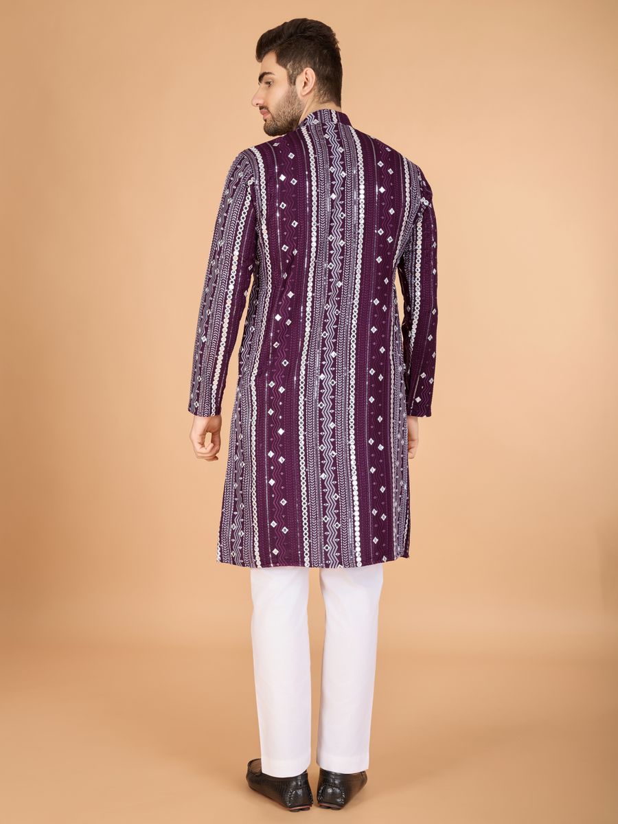 PURPLE PURE VISCOSE RAYON THREAD, SEQUENCE & FOIL MIRROR EMBROIDERED WORK KURTA - qivii