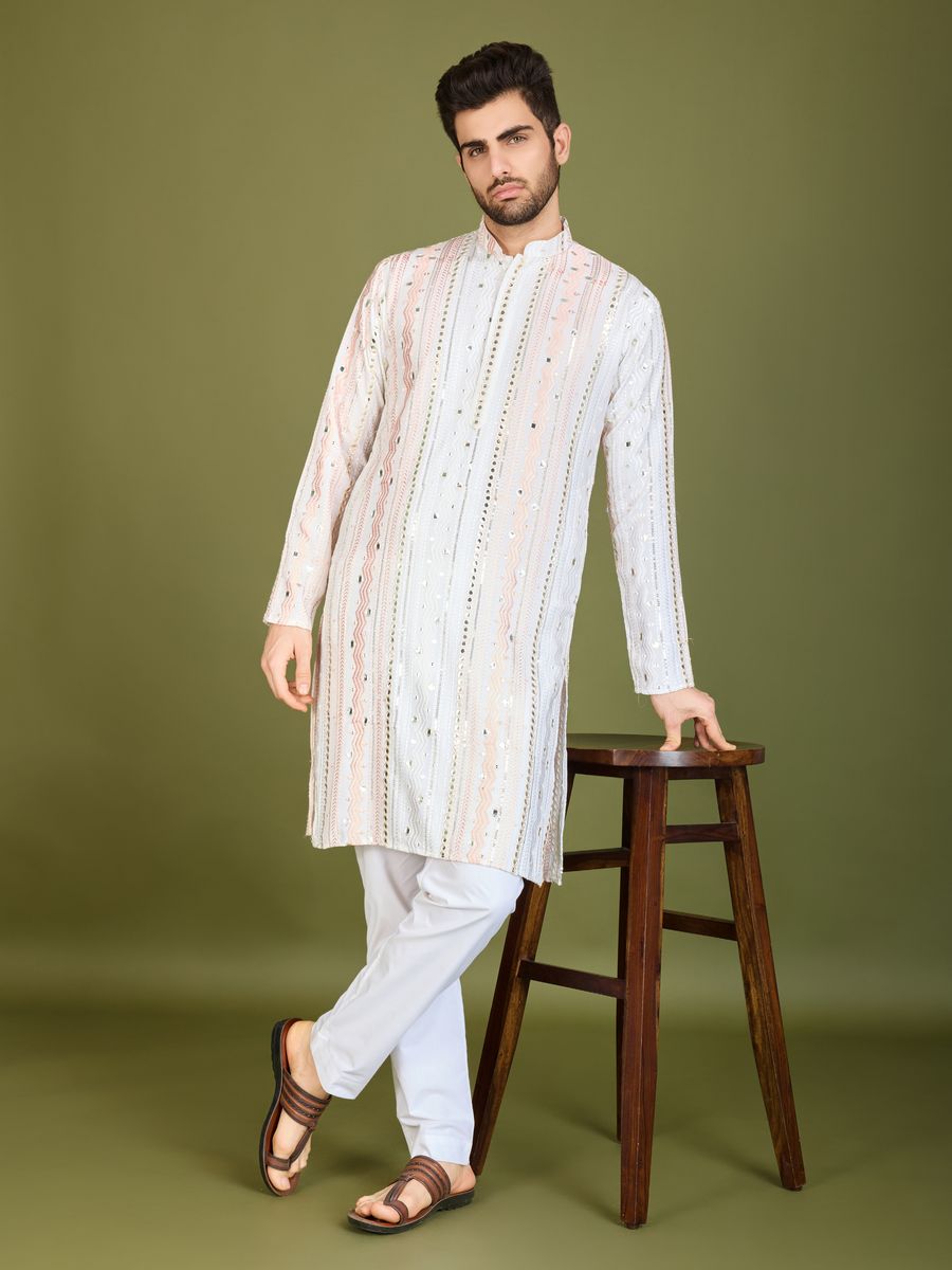 WHITE PURE VISCOSE RAYON THREAD, SEQUENCE & FOIL MIRROR EMBROIDERED WORK KURTA - qivii