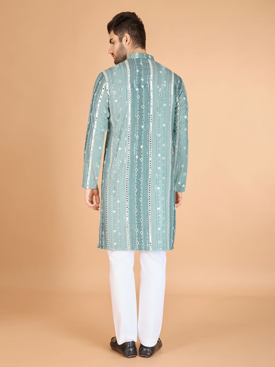 PISTA PURE VISCOSE RAYON THREAD, SEQUENCE & FOIL MIRROR EMBROIDERED WORK KURTA - qivii