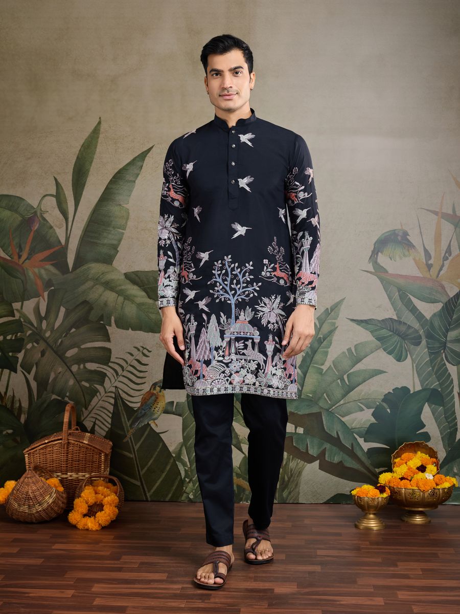BLACK VISCOSE SILK THREAD & SEQUENCE EMBROIDERED WORK KURTA - qivii