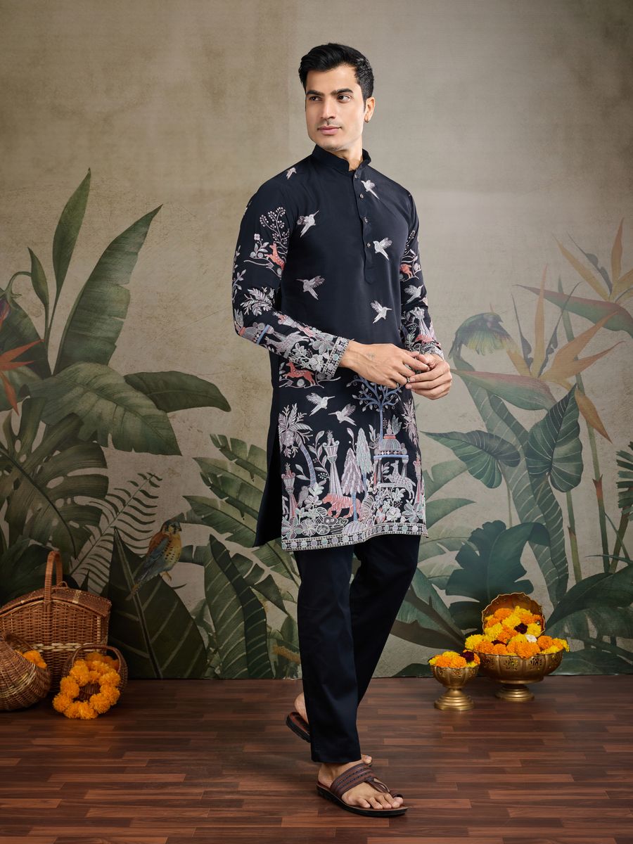 BLACK VISCOSE SILK THREAD & SEQUENCE EMBROIDERED WORK KURTA - qivii