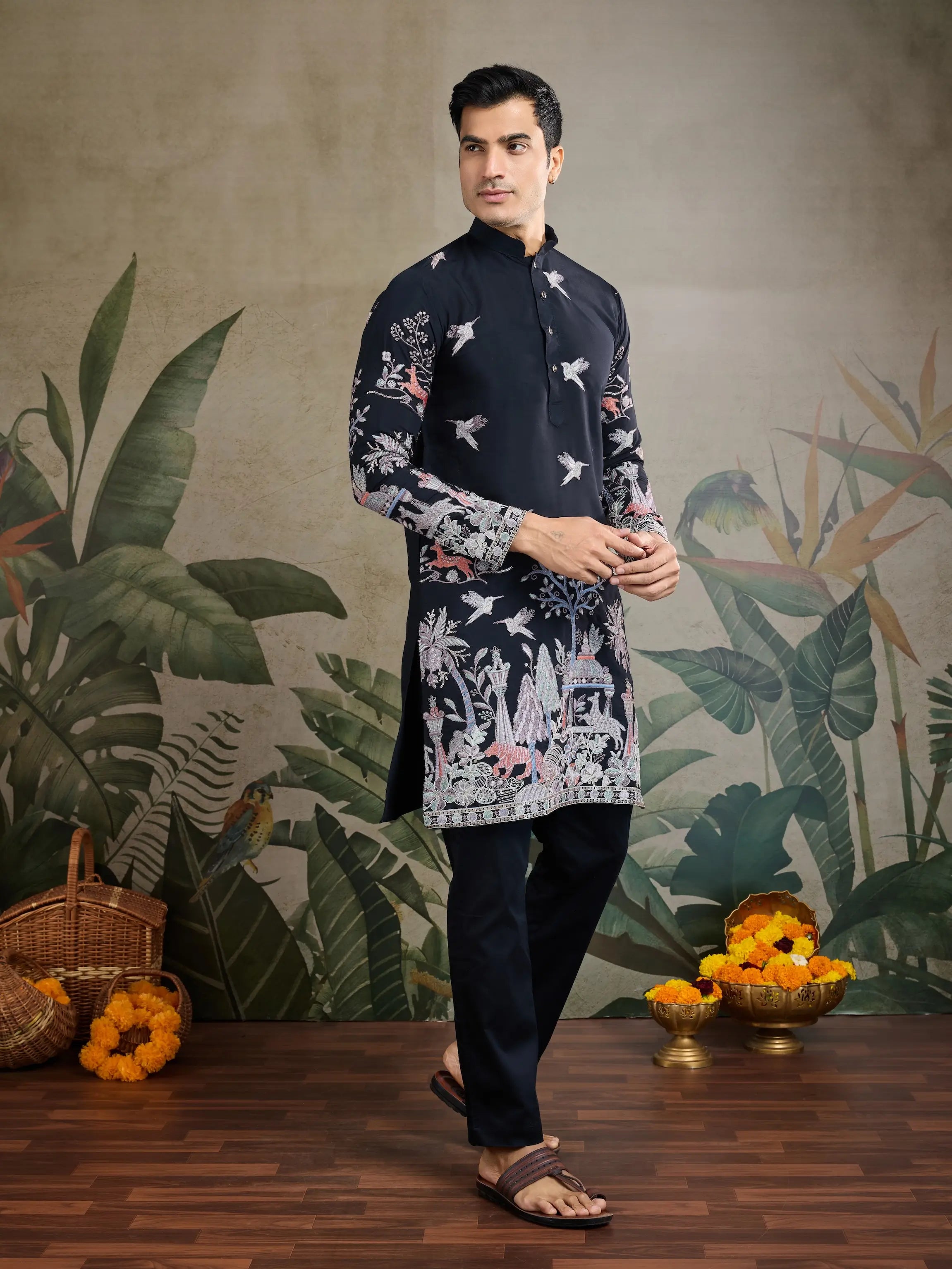 Black Viscose Silk Thread & Sequence Embroidered Work Kurta With Pant - qivii