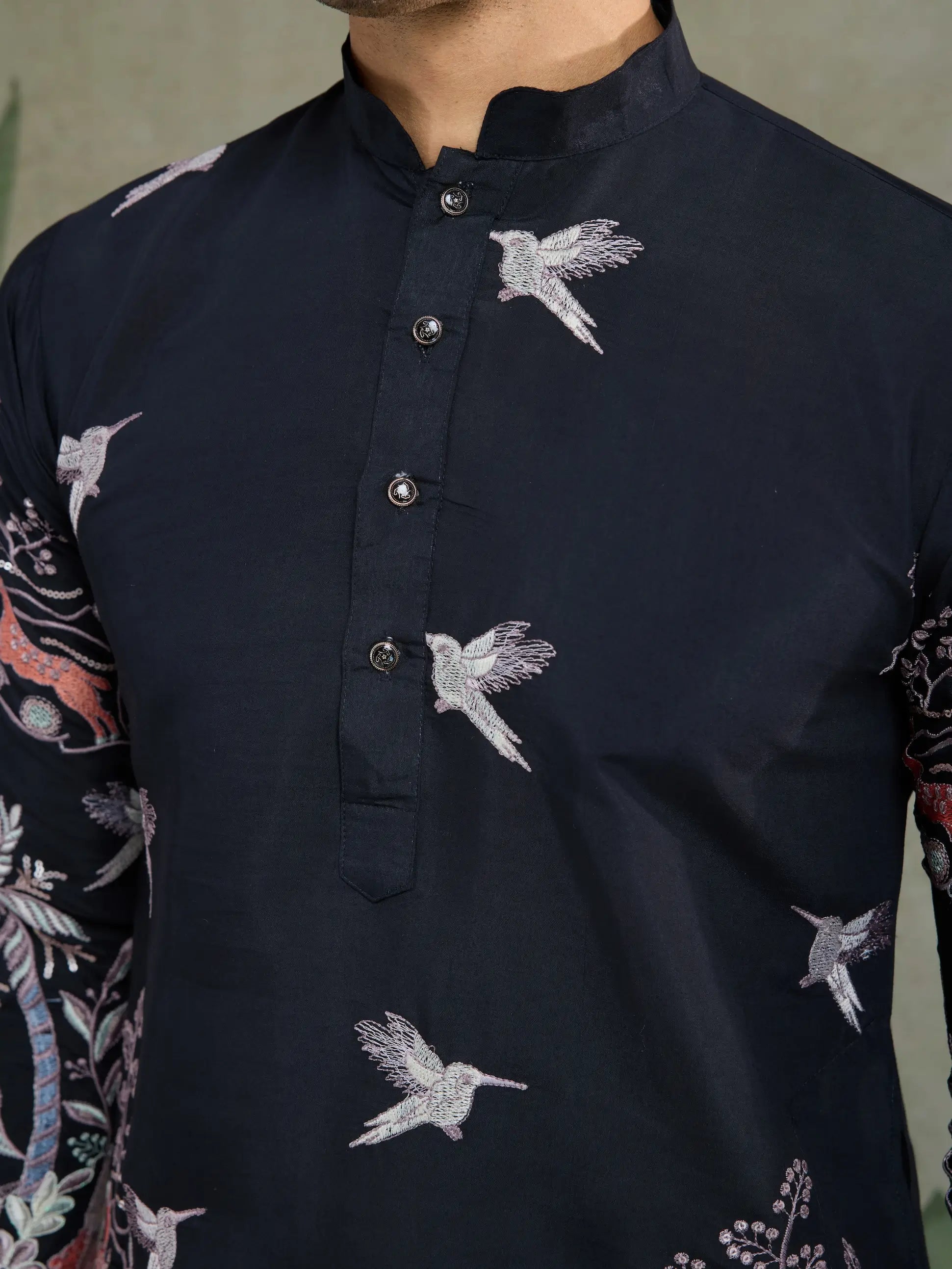 Black Viscose Silk Thread & Sequence Embroidered Work Kurta With Pant - qivii