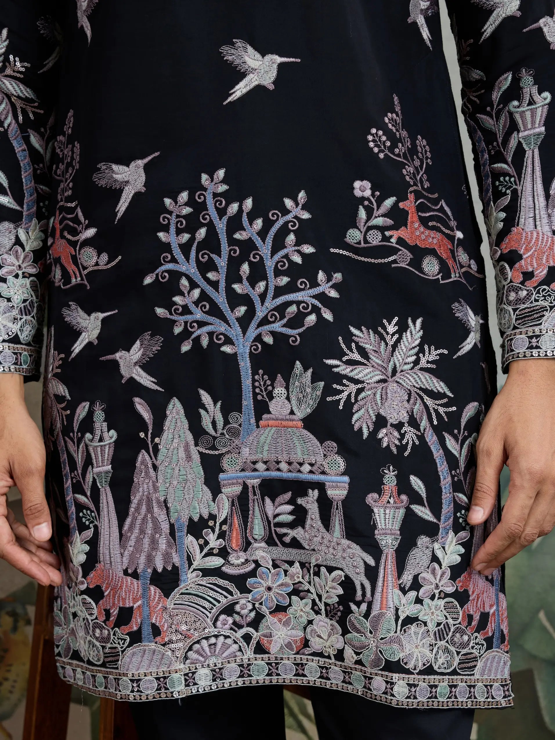 Black Viscose Silk Thread & Sequence Embroidered Work Kurta With Pant - qivii