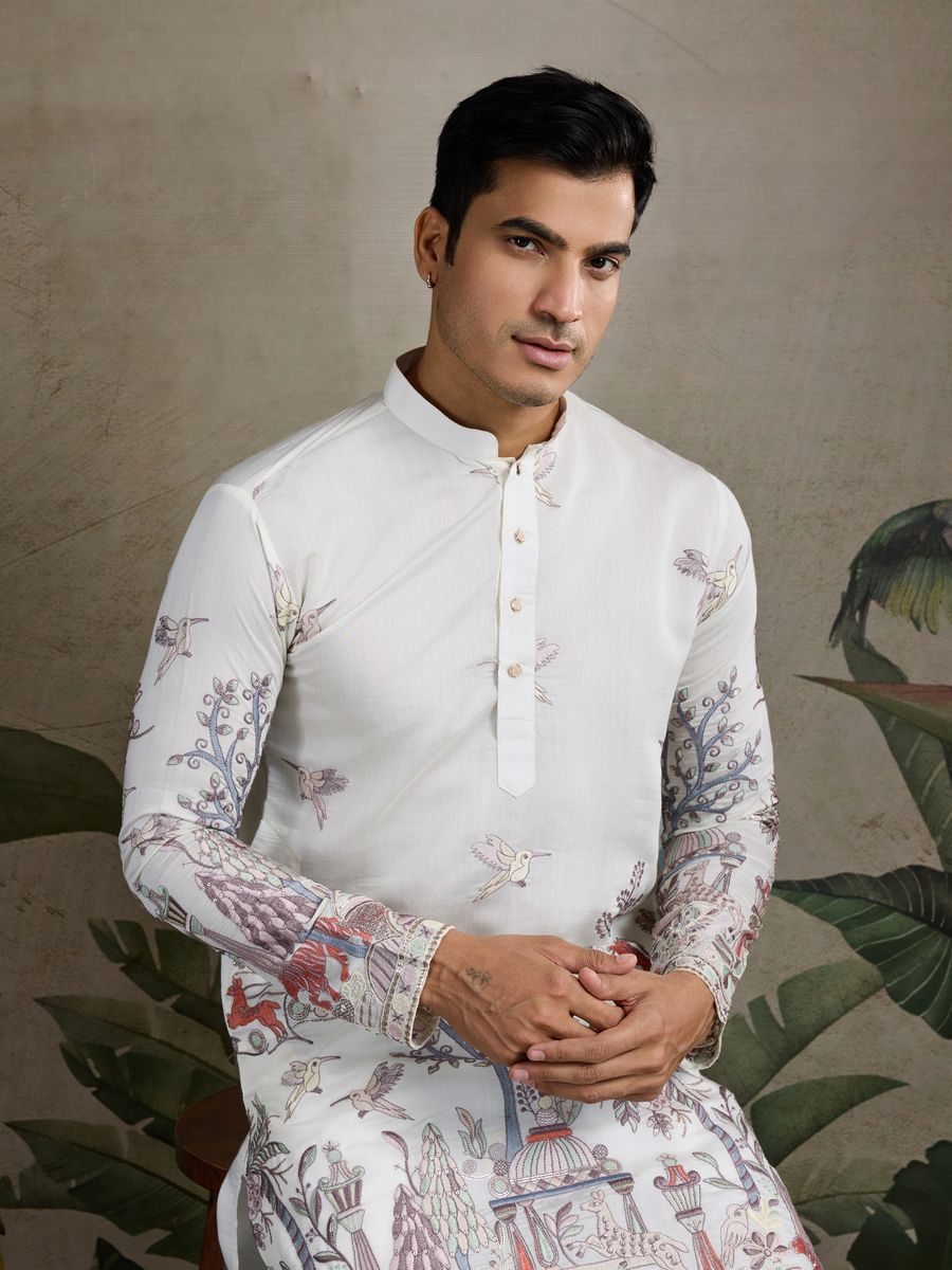 WHITE VISCOSE SILK THREAD & SEQUENCE EMBROIDERED WORK KURTA - qivii