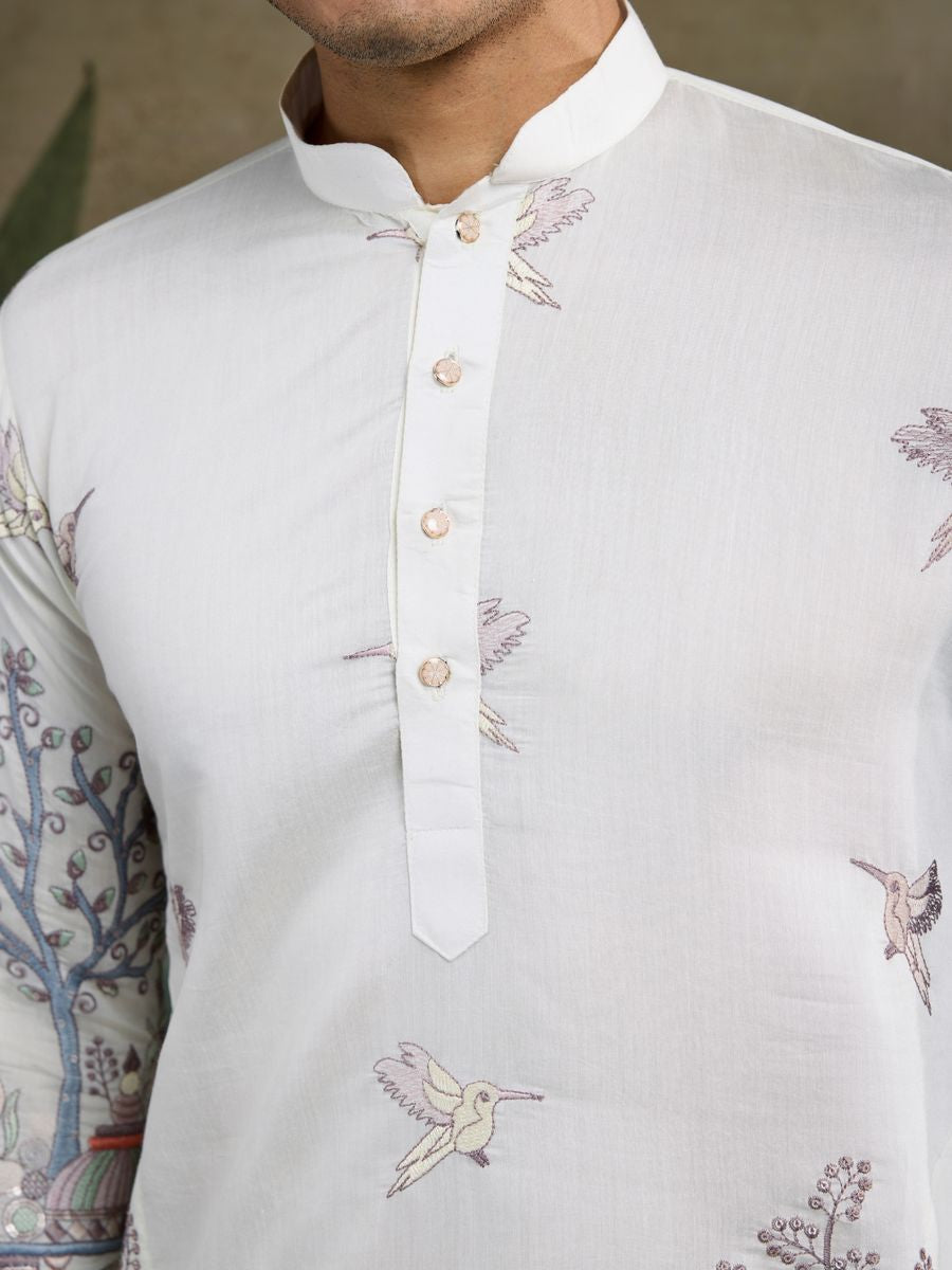 WHITE VISCOSE SILK THREAD & SEQUENCE EMBROIDERED WORK KURTA - qivii