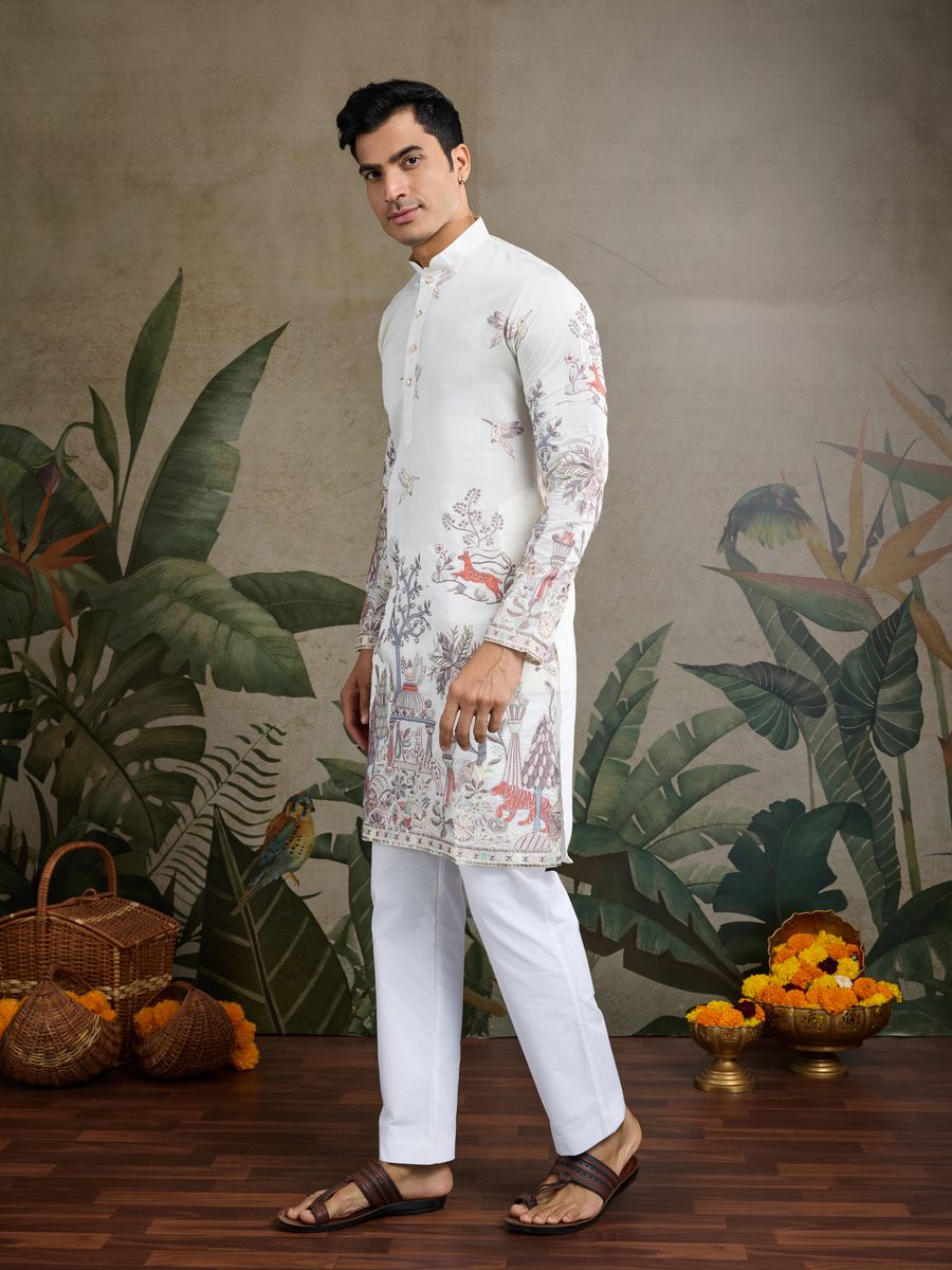 WHITE VISCOSE SILK THREAD & SEQUENCE EMBROIDERED WORK KURTA - qivii