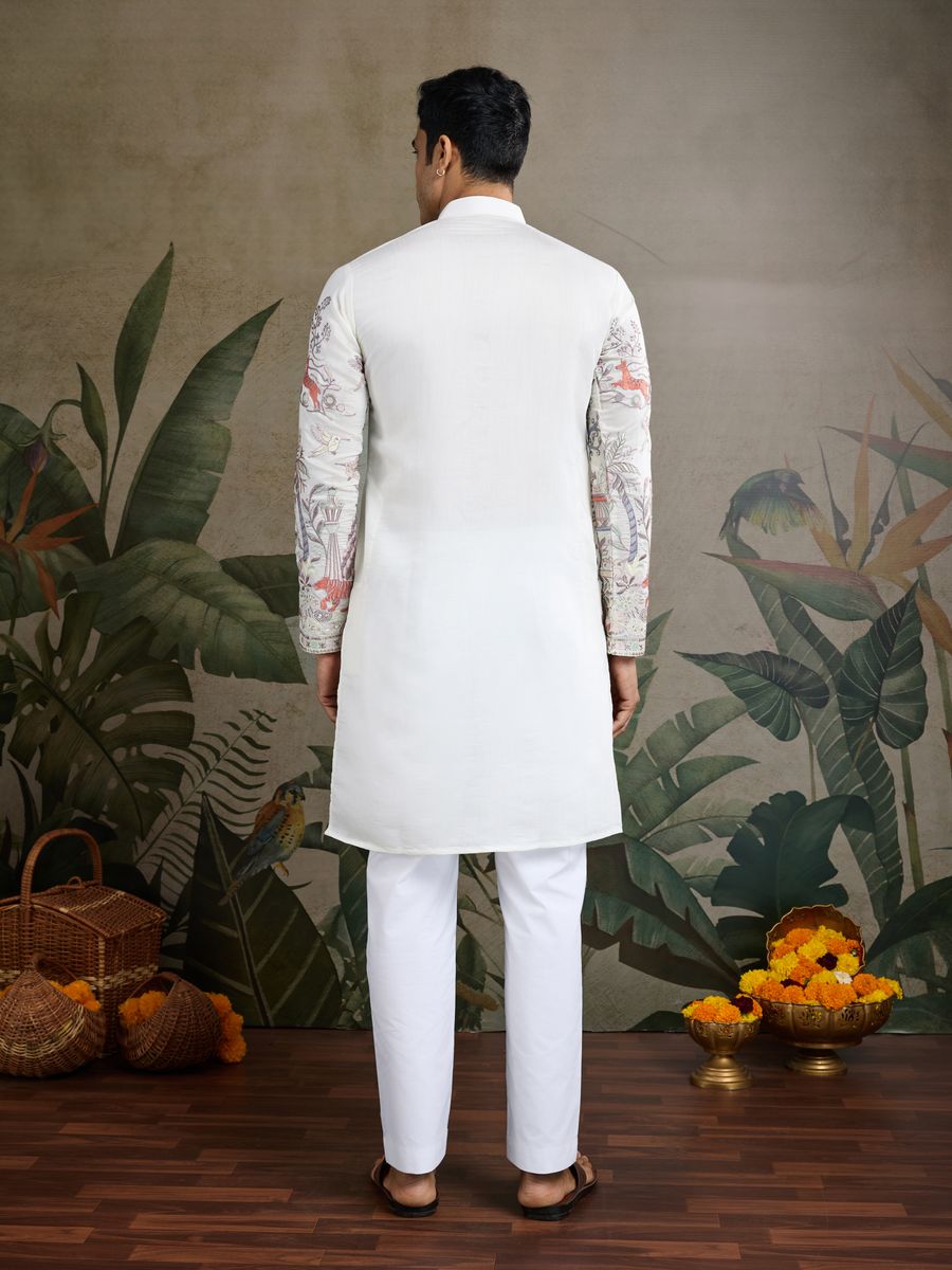 WHITE VISCOSE SILK THREAD & SEQUENCE EMBROIDERED WORK KURTA - qivii
