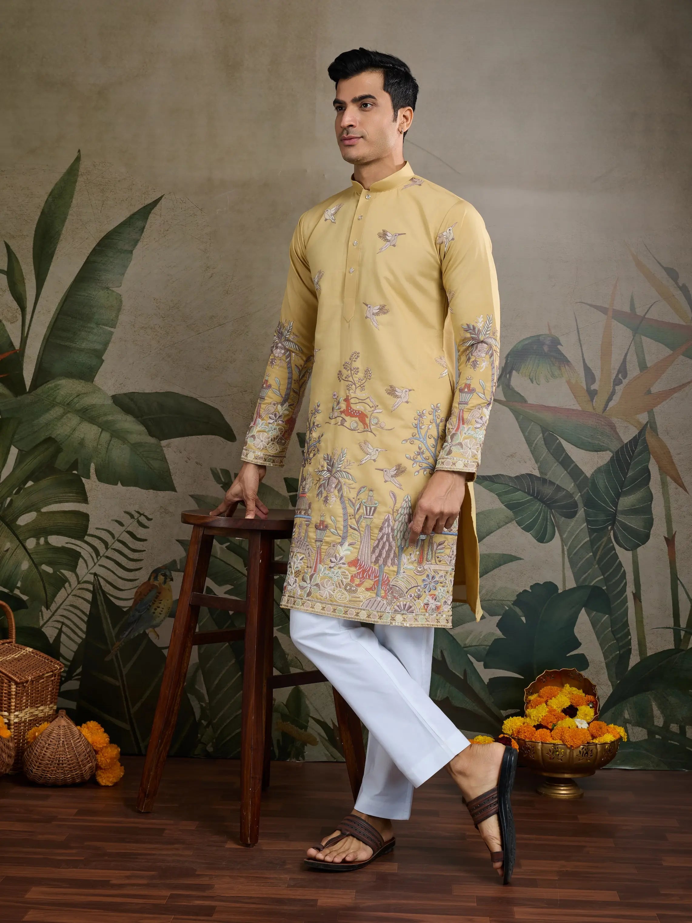 Yellow Viscose Silk Thread & Sequence Embroidered Work Kurta With Pant - qivii