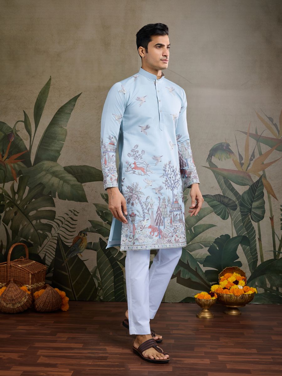 SKY BLUE VISCOSE SILK THREAD & SEQUENCE EMBROIDERED WORK KURTA - qivii