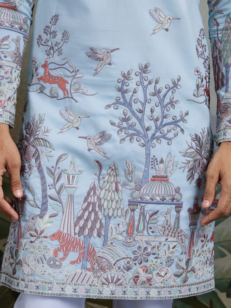 SKY BLUE VISCOSE SILK THREAD & SEQUENCE EMBROIDERED WORK KURTA - qivii