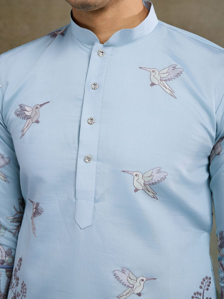 SKY BLUE VISCOSE SILK THREAD & SEQUENCE EMBROIDERED WORK KURTA - qivii