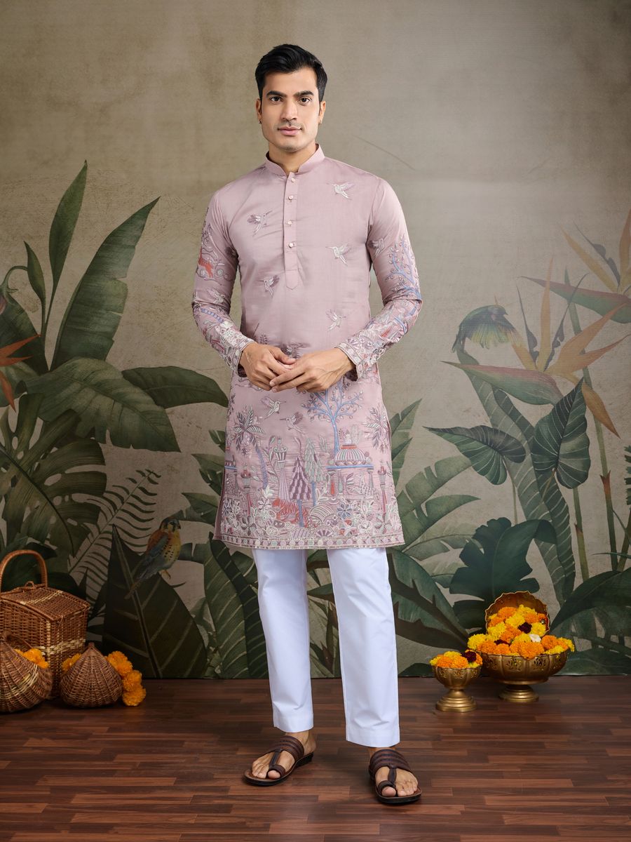 PEACH VISCOSE SILK THREAD & SEQUENCE EMBROIDERED WORK KURTA - qivii