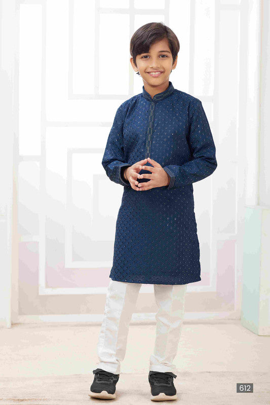 Boy's Teal Blue Art Silk Embroidery Kurta Set