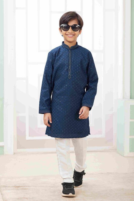 Boy's Teal Blue Art Silk Embroidery Kurta Set