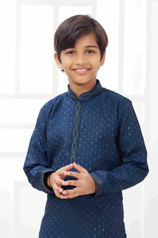 Boy's Teal Blue Art Silk Embroidery Kurta Set