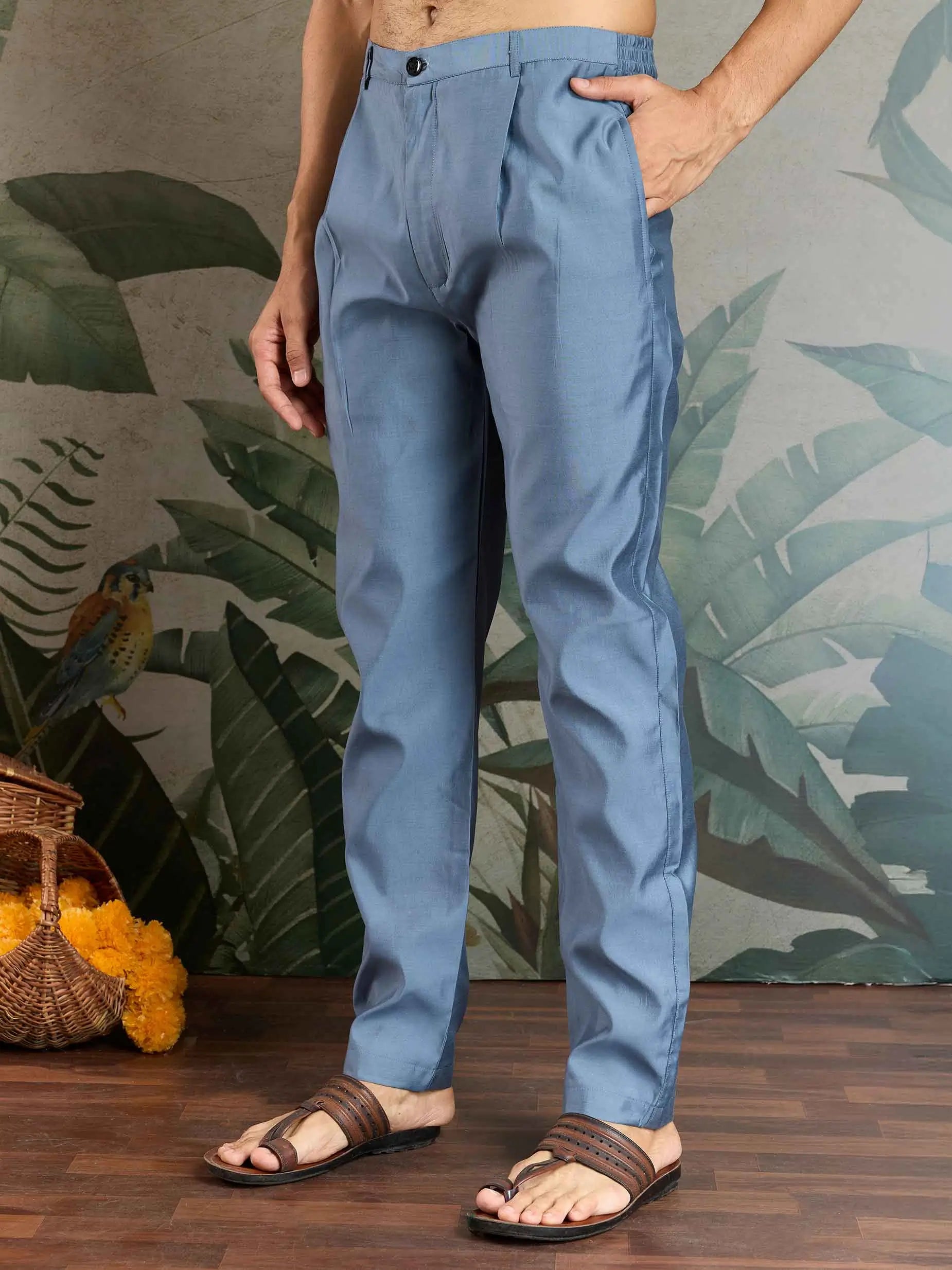 Blue Grey Silk Kurta Set With Thread Sequins Embroidery Work Koti(Jacket) - qivii