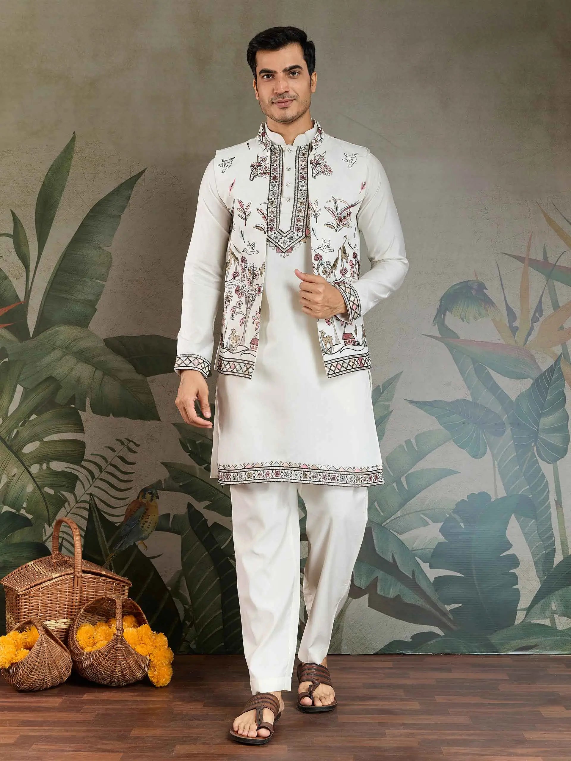 White Thread Sequins Embroidery Work Wedding Wear Silk Kurta And Jacket - qivii