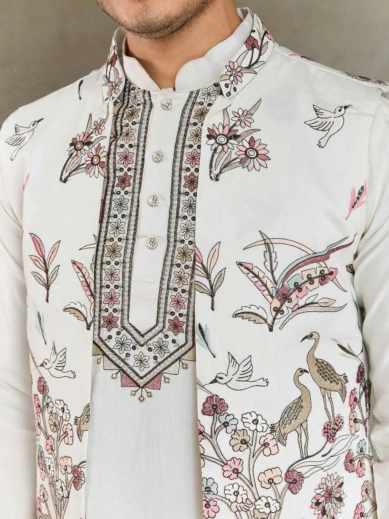 White Thread Sequins Embroidery Work Wedding Wear Silk Kurta And Jacket - qivii