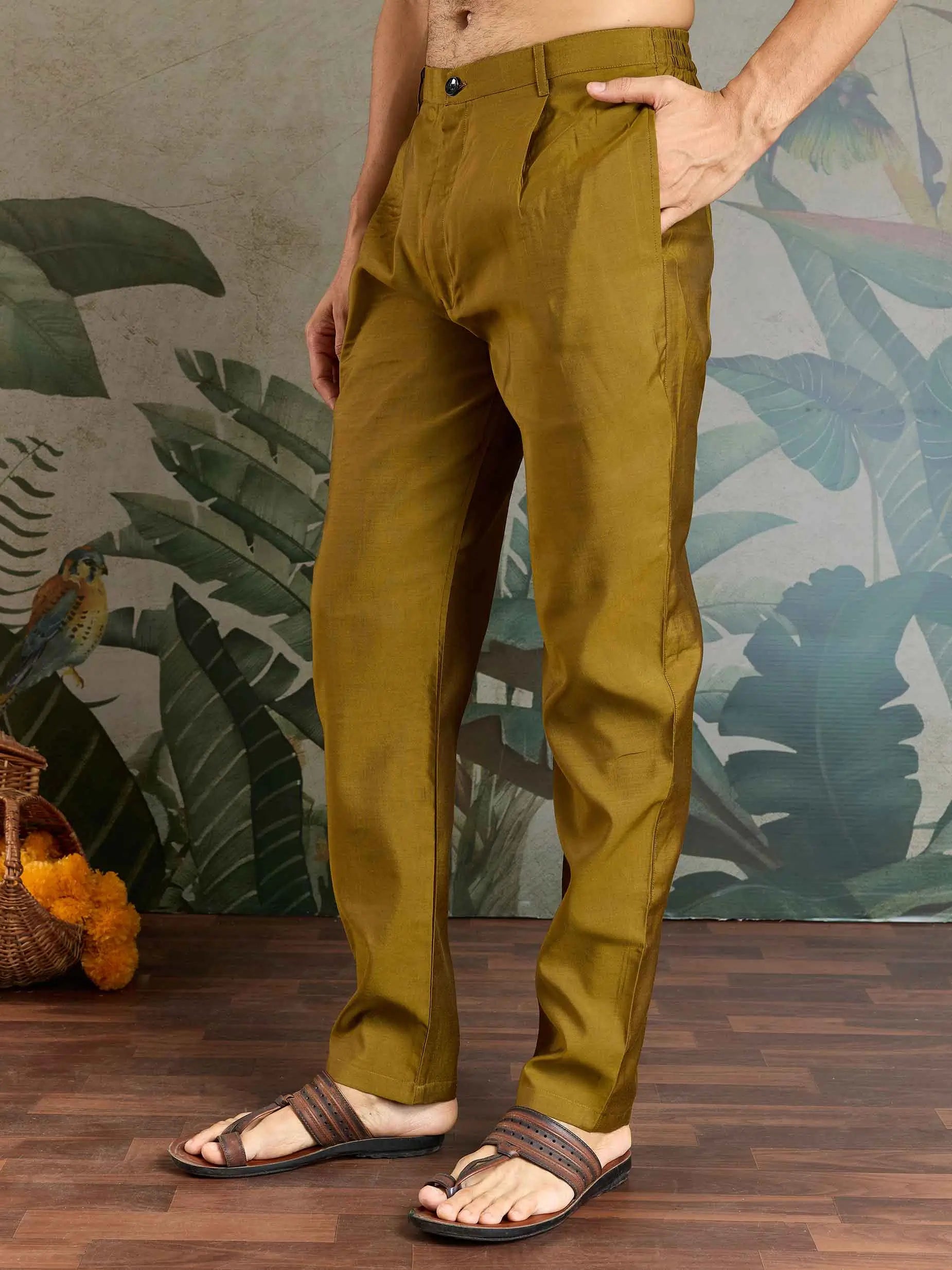 Golden Olive Silk Kurta Set With Thread Sequins Embroidery Work Koti(Jacket) - qivii