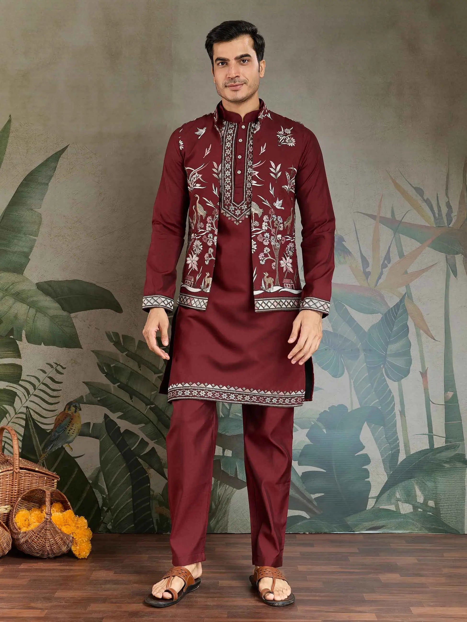 Maroon Wedding Wear Thread Sequins Embroidery Work Kurta And Koti(Jacket) - qivii