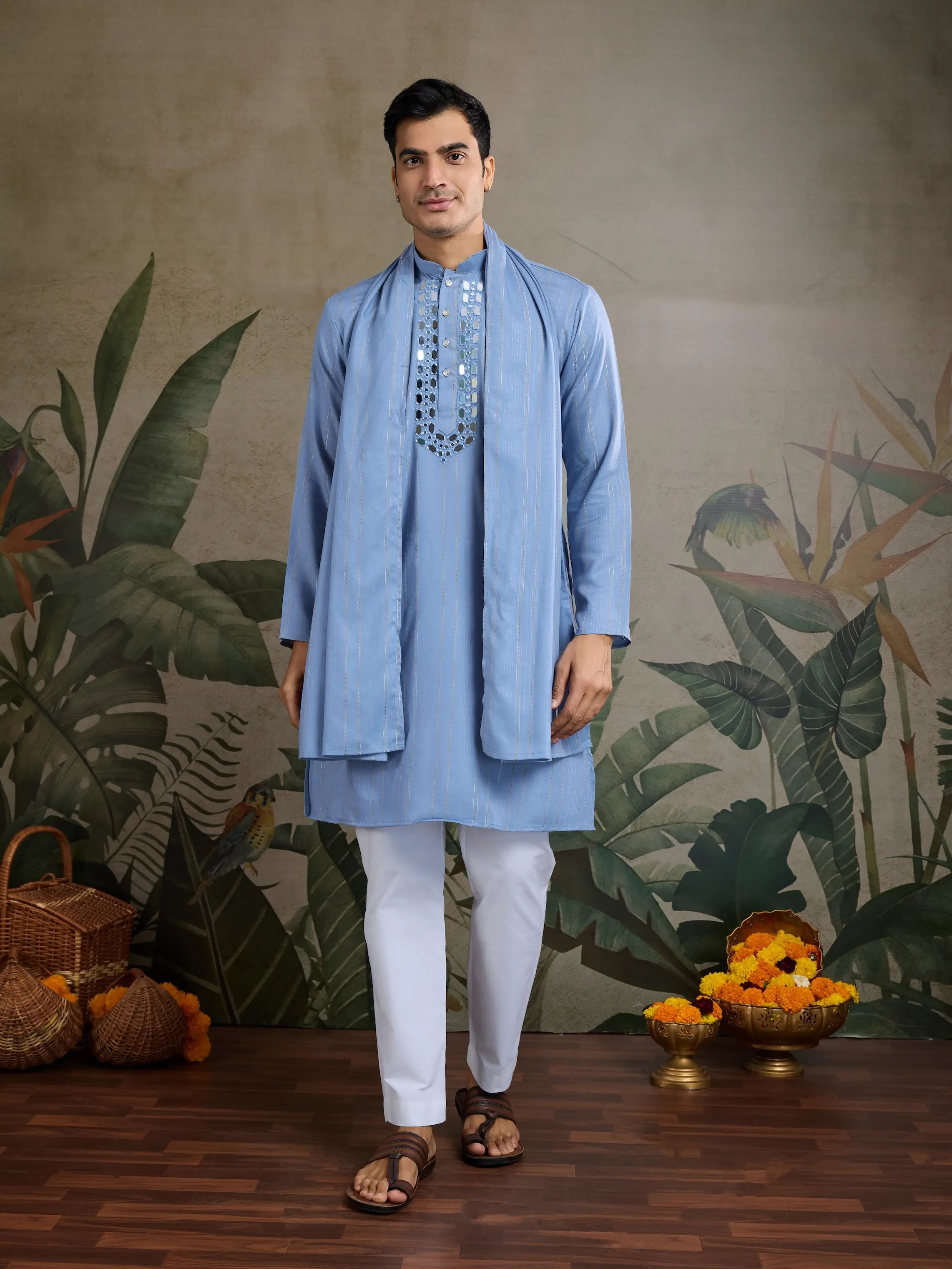 Light Blue Jari & Mirror Work Kurta Set With Pant & Dupatta - qivii