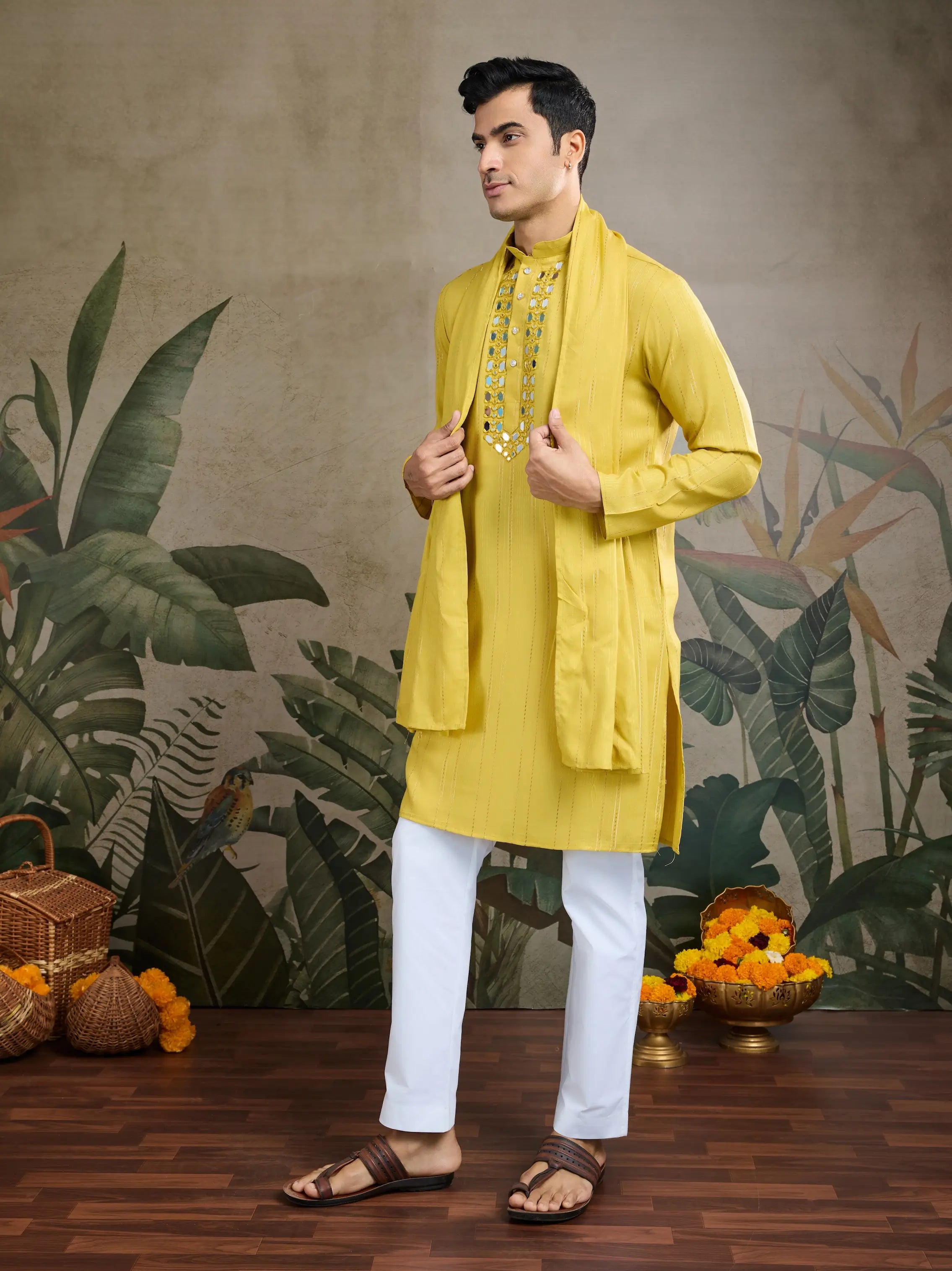 Yellow Jari & Mirror Work Kurta Set With Pant & Dupatta - qivii