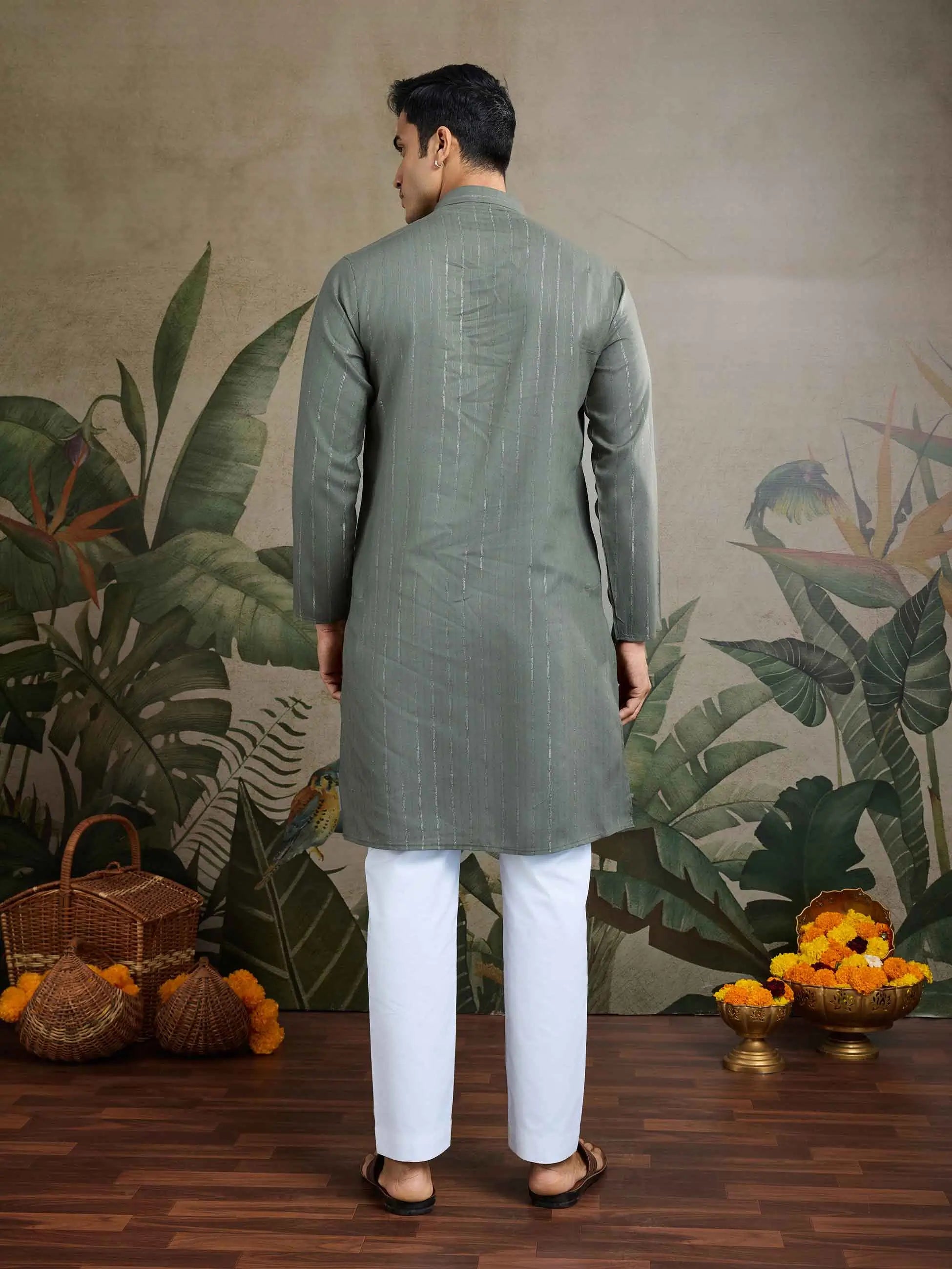 Rust Green Mirror Work And Zari Work Rayon Kurta & Dupatta With Pant - qivii