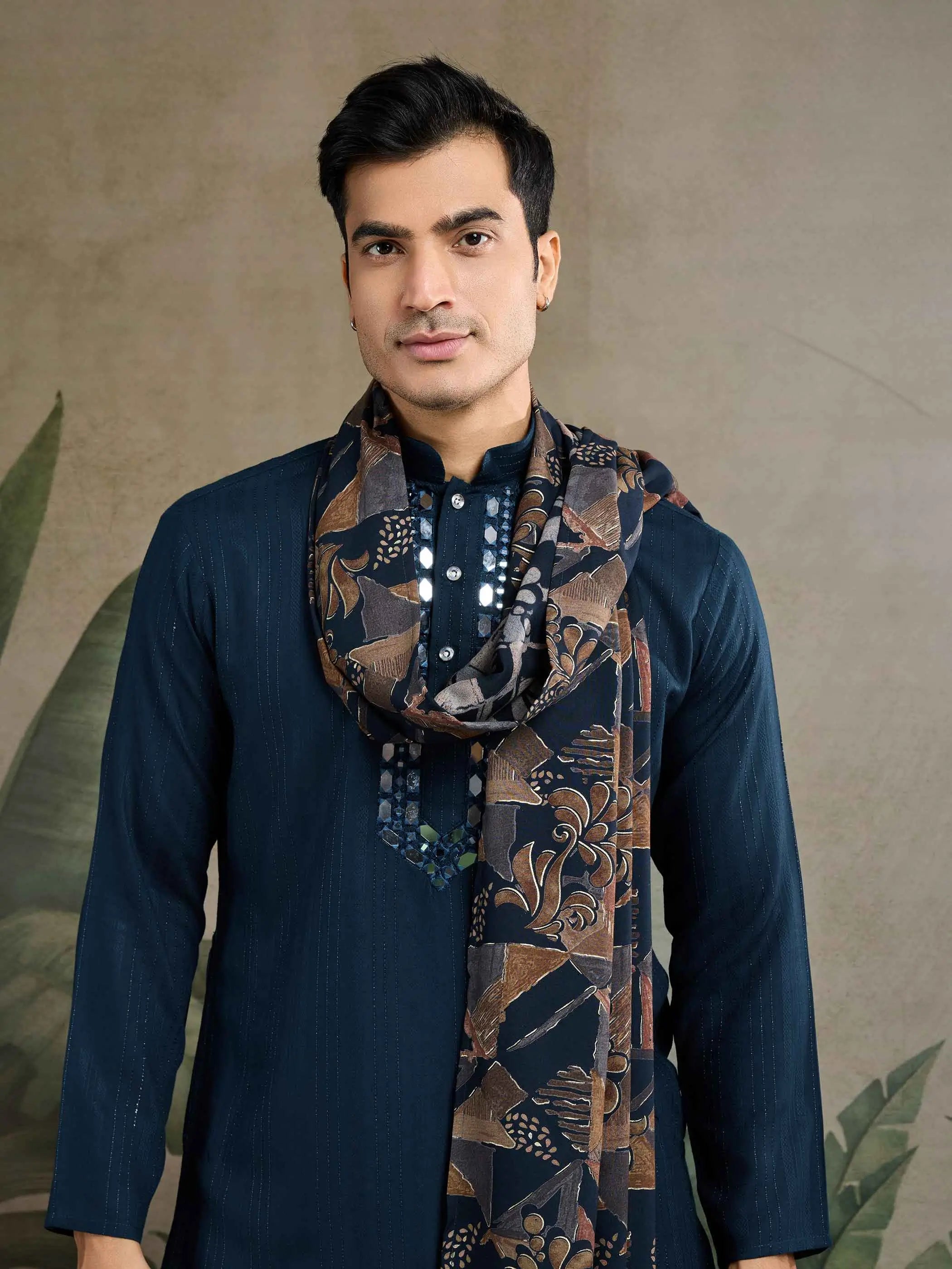 Teal Blue Mirror Work And Zari Work Rayon Kurta With Printed Dupatta & Pant