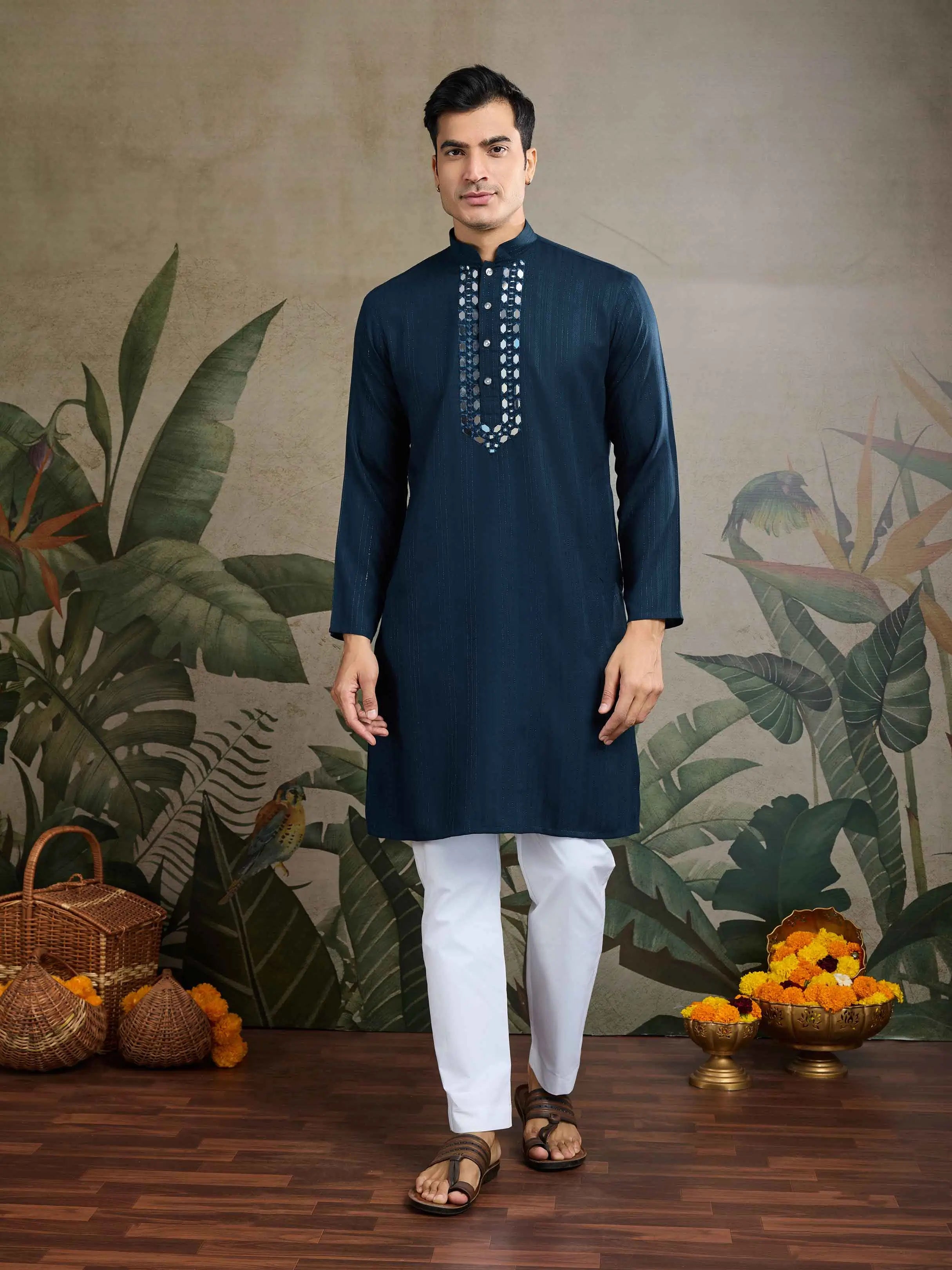 Teal Blue Mirror Work And Zari Work Rayon Kurta With Printed Dupatta & Pant