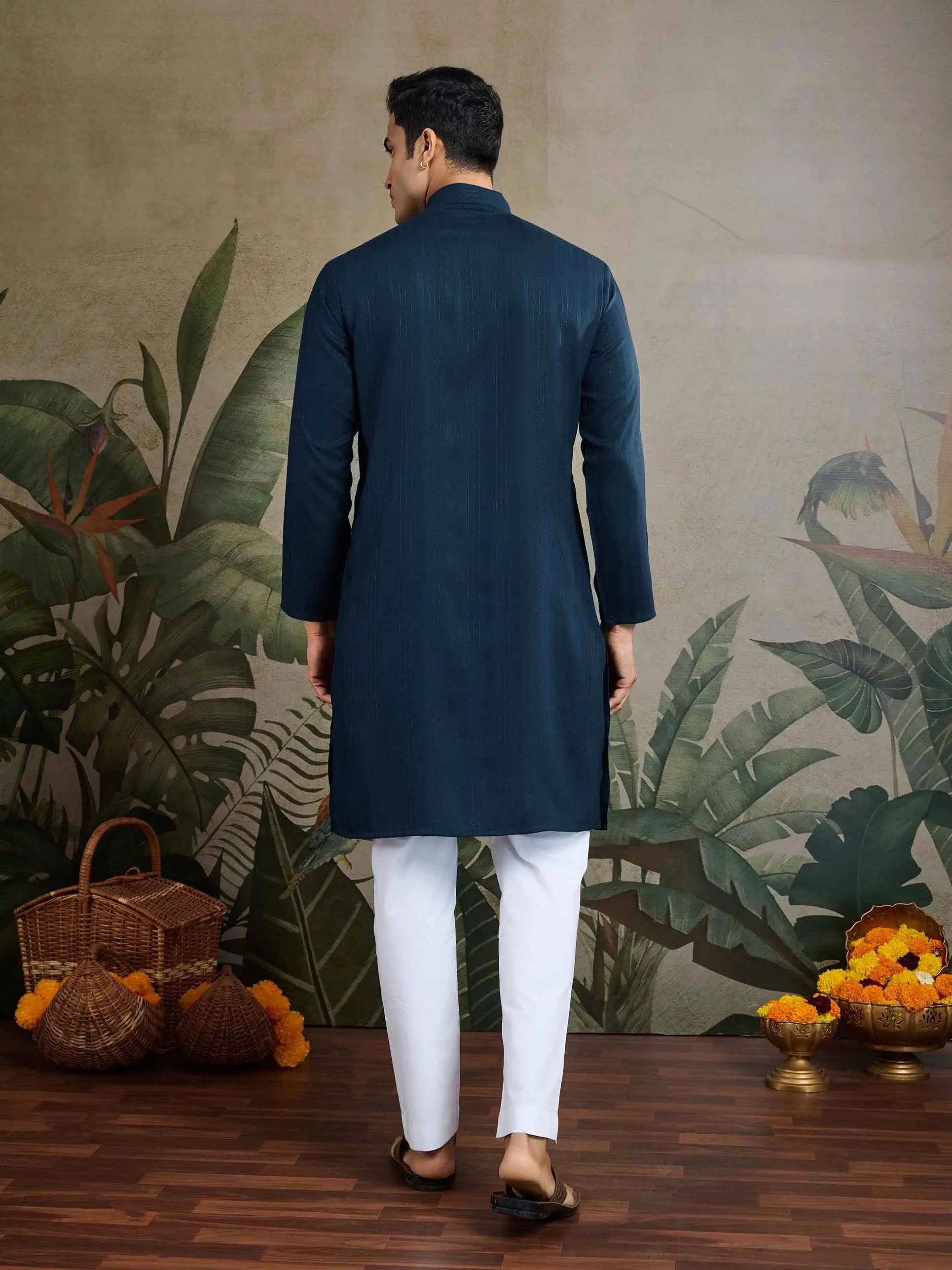Teal Blue Mirror Work And Zari Work Rayon Kurta With Printed Dupatta & Pant