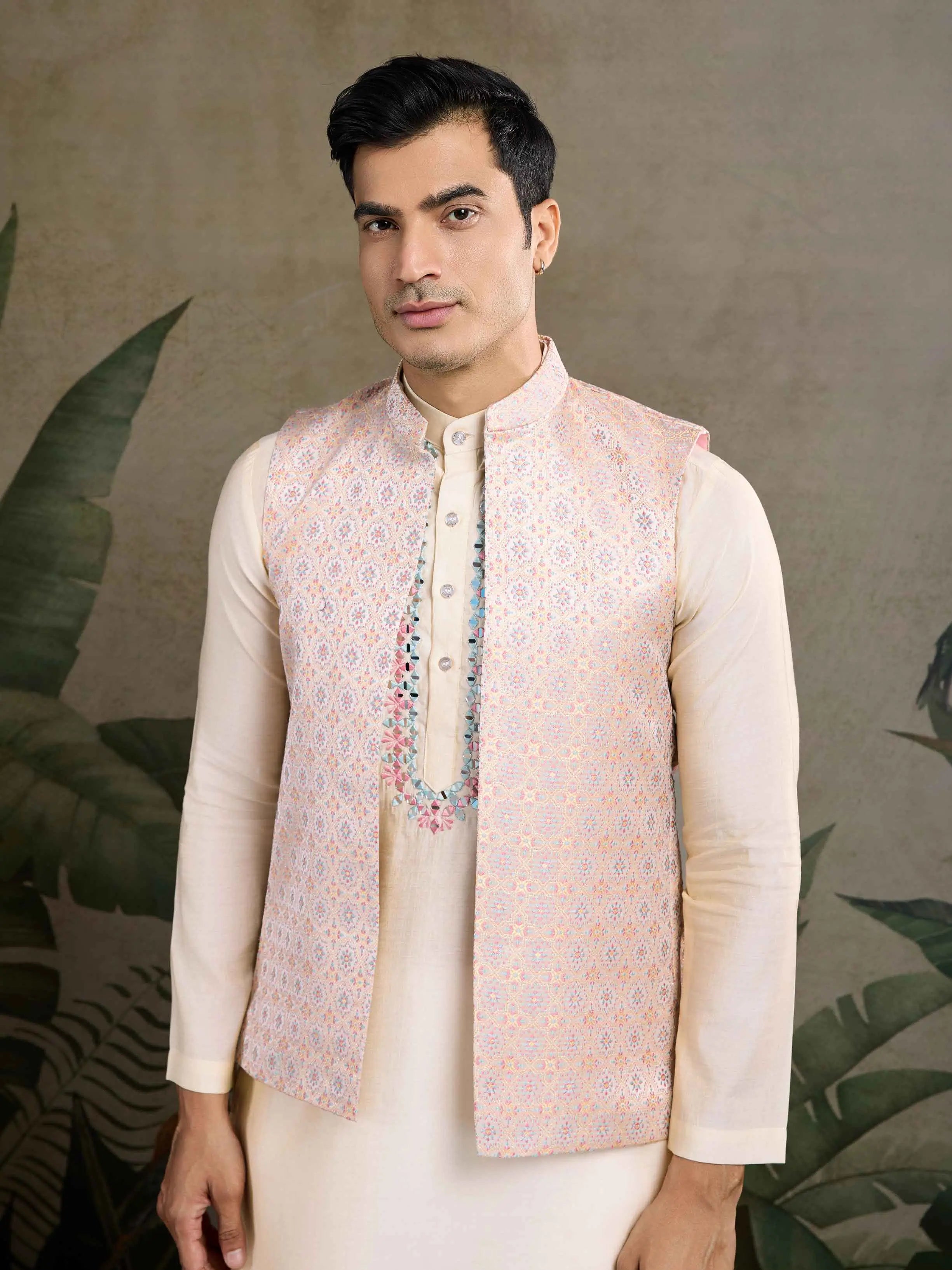 Oyster Pink Real Mirror Thread Work Kurta Set With Jacquard Design Work Jacket - qivii