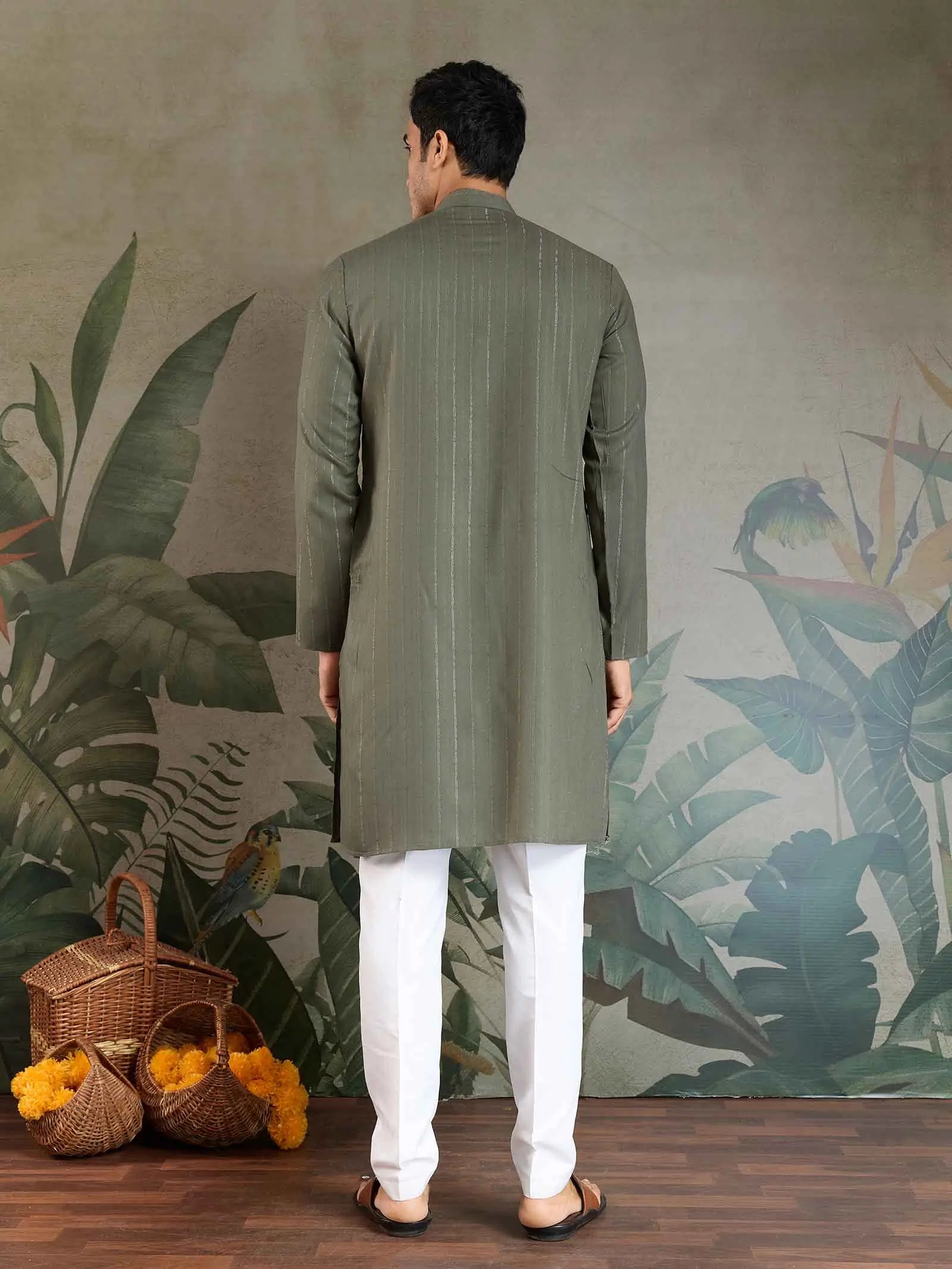 Olive Green Mirror And Zari Weaving Work Kurta With Printed Dupatta - qivii