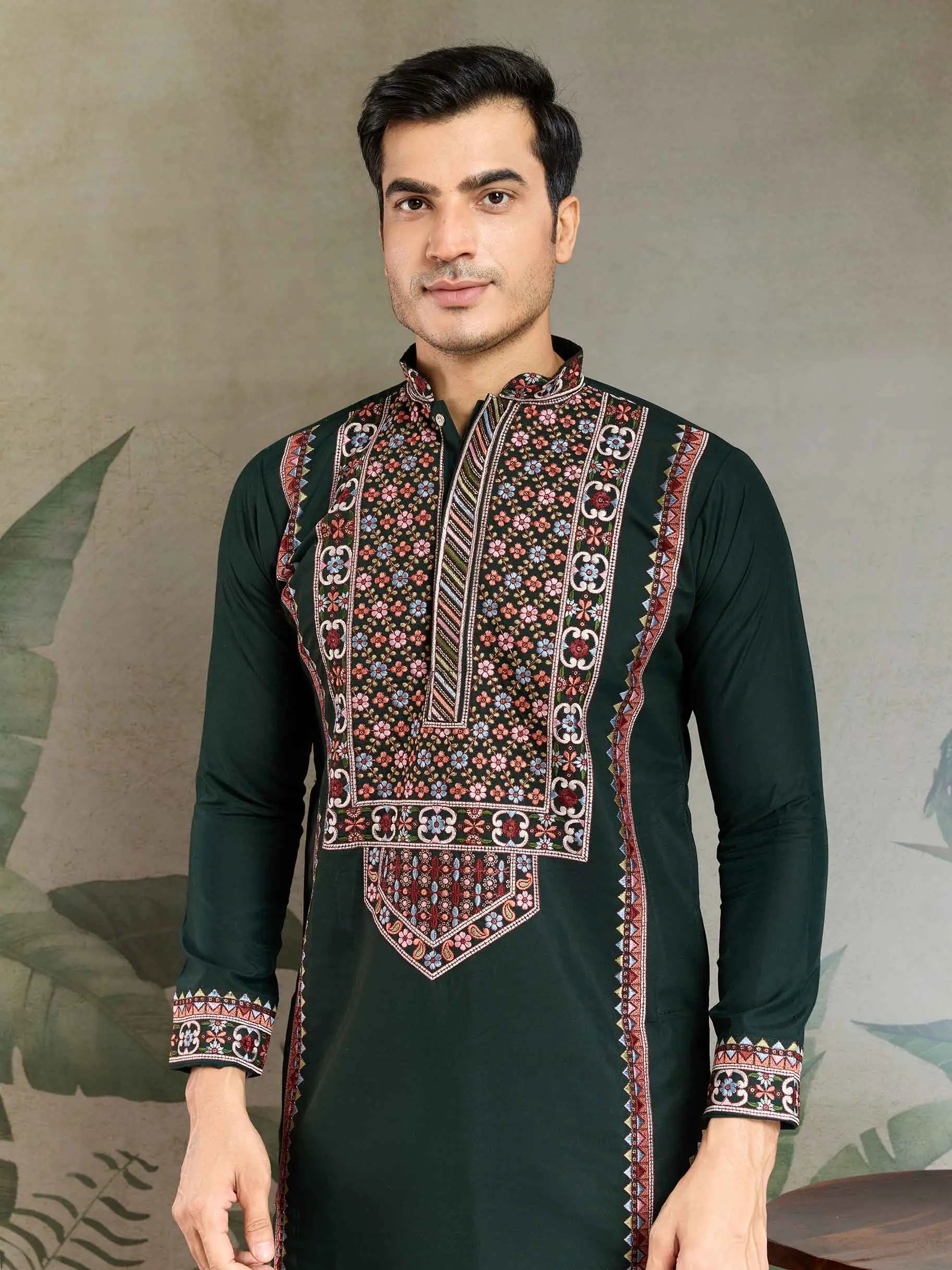 Dark Green Festive Wear Kurta Set With Multi Thread Sequins Embroidery Work - qivii